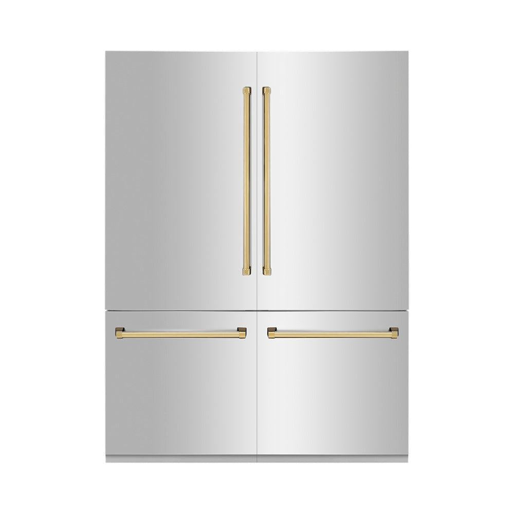 ZLINE Autograph Edition 60-Inch 32.2 cu. ft. French Door Built-In Bottom Freezer Refrigerator with Water Dispenser & Ice Maker - Stainless Steel with Polished Gold Accents (RBIVZ 304 60 G) - Perfect for Modern Kitchens & Luxury Homes