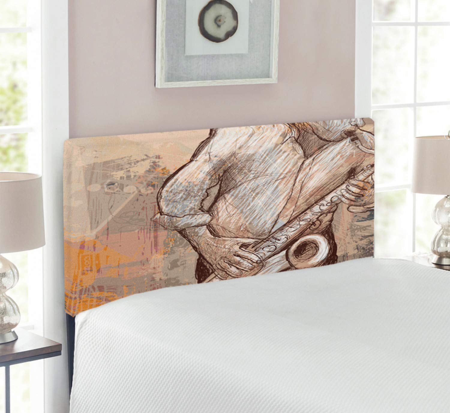 Ambesonne Jazz Musician Saxophone Solo Street Art Upholstered Headboard - Twin Size Brown Ecru Memory Foam Metal Bed Frame - Perfect for Music Lover Bedrooms & Bohemian Style Decor