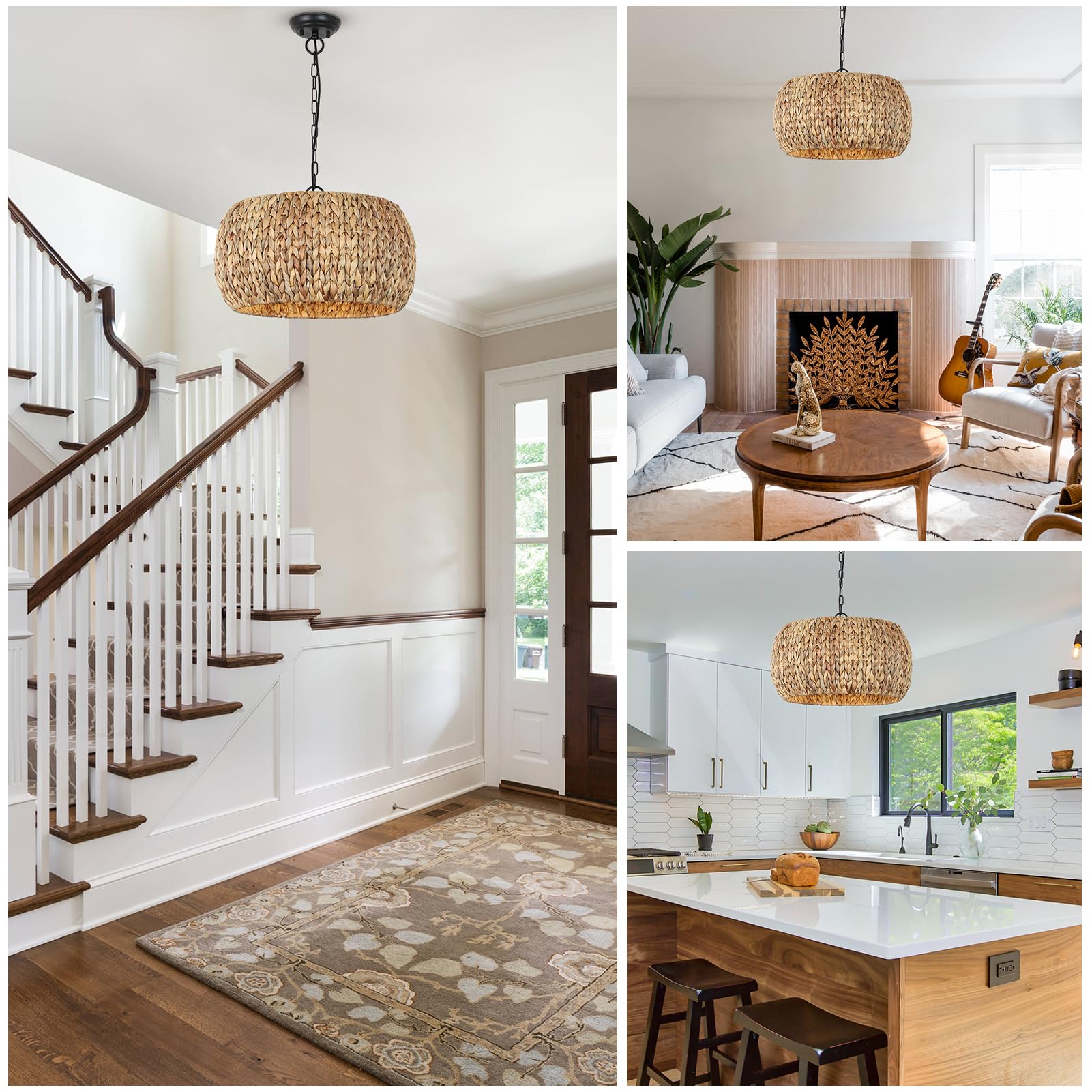 Rustic Farmhouse Boho Chandelier - 5-Light Rattan Pendant Light with Natural Water Hyacinth Lampshade - Perfect for Dining Room, Kitchen Island Lighting, Bedroom & Living Room Decor - Creates Cozy Boho Ambiance for Home & Cafe