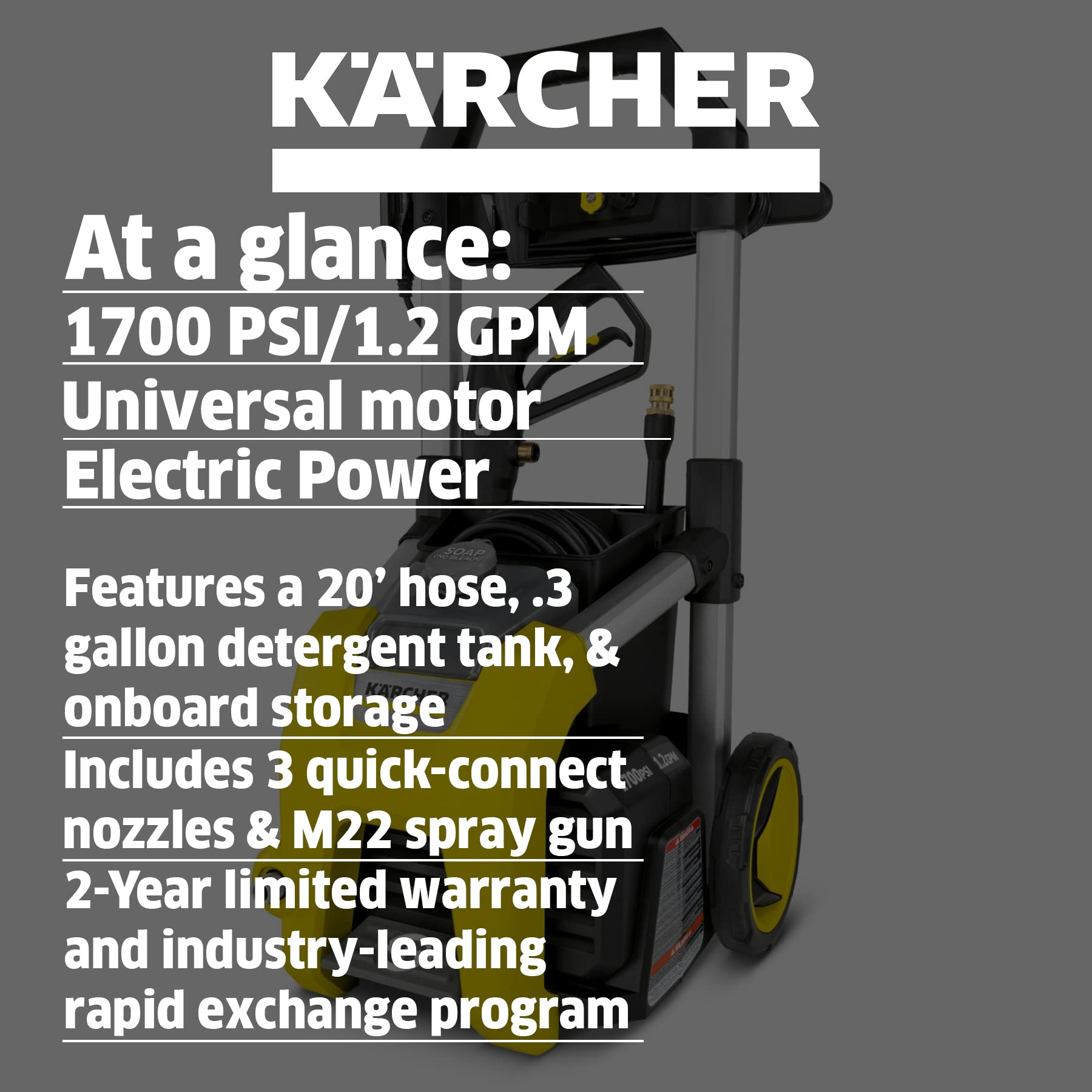 Kärcher K1700 Electric Pressure Washer 2125 PSI with TruPressure Technology & Car Wash Wax Soap Concentrate 1 Gallon - for Home Driveway Cleaning, Auto Detailing, and Outdoor Surface Maintenance