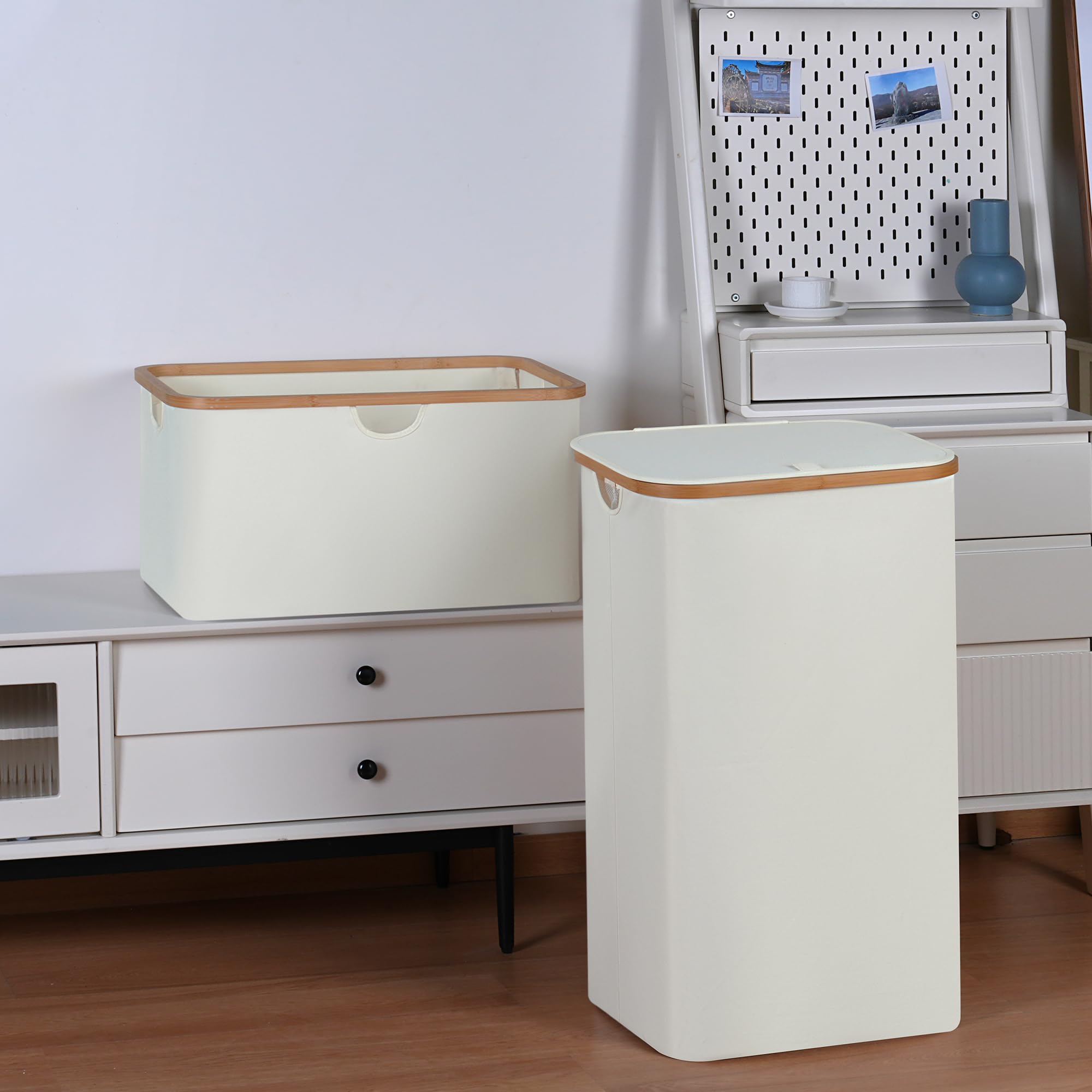 Large Collapsible Storage Bins with Bamboo Handles - 63L Rectangle Organizer for Toys, Books & Shelves - Space-Saving Closet Storage Basket in Beige - Perfect for Home, Office & Kids Room Organization