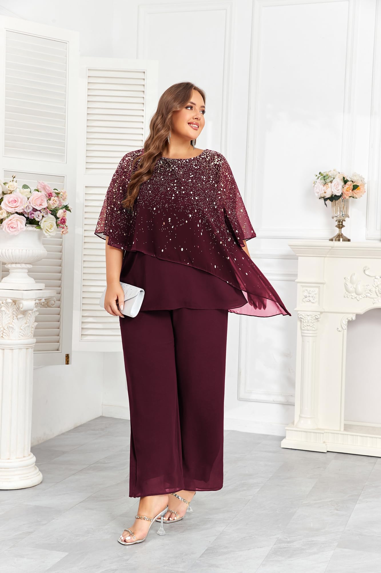 2024 Plus Size Mother of Bride Pant Suits 2-Piece Set - Elegant Ruffle Layers & Gradient Chiffon Outfit for Wedding Guest (Available in Sizes 14-28) | Perfect for Weddings, Parties & Special Occasions