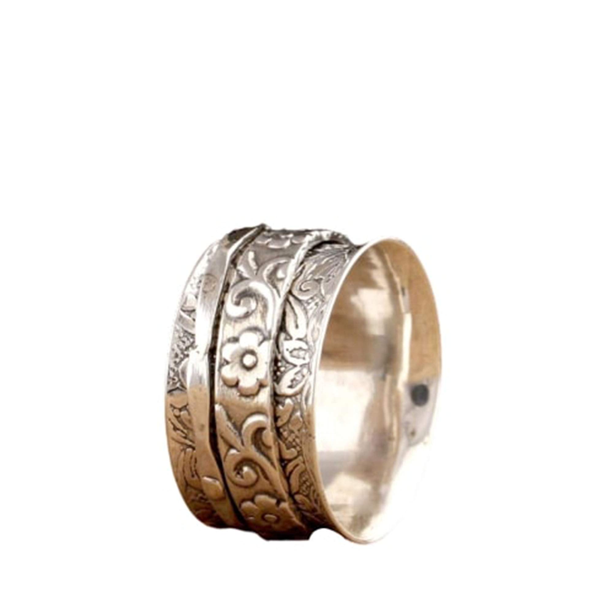 925 Sterling Silver Pooja Handmade Meditation Spinner Ring - Wide Band Fidget Ring for Stress Relief, Unisex Promise Ring, Perfect Mother’s Day Gift for Yoga & Mindfulness Practice