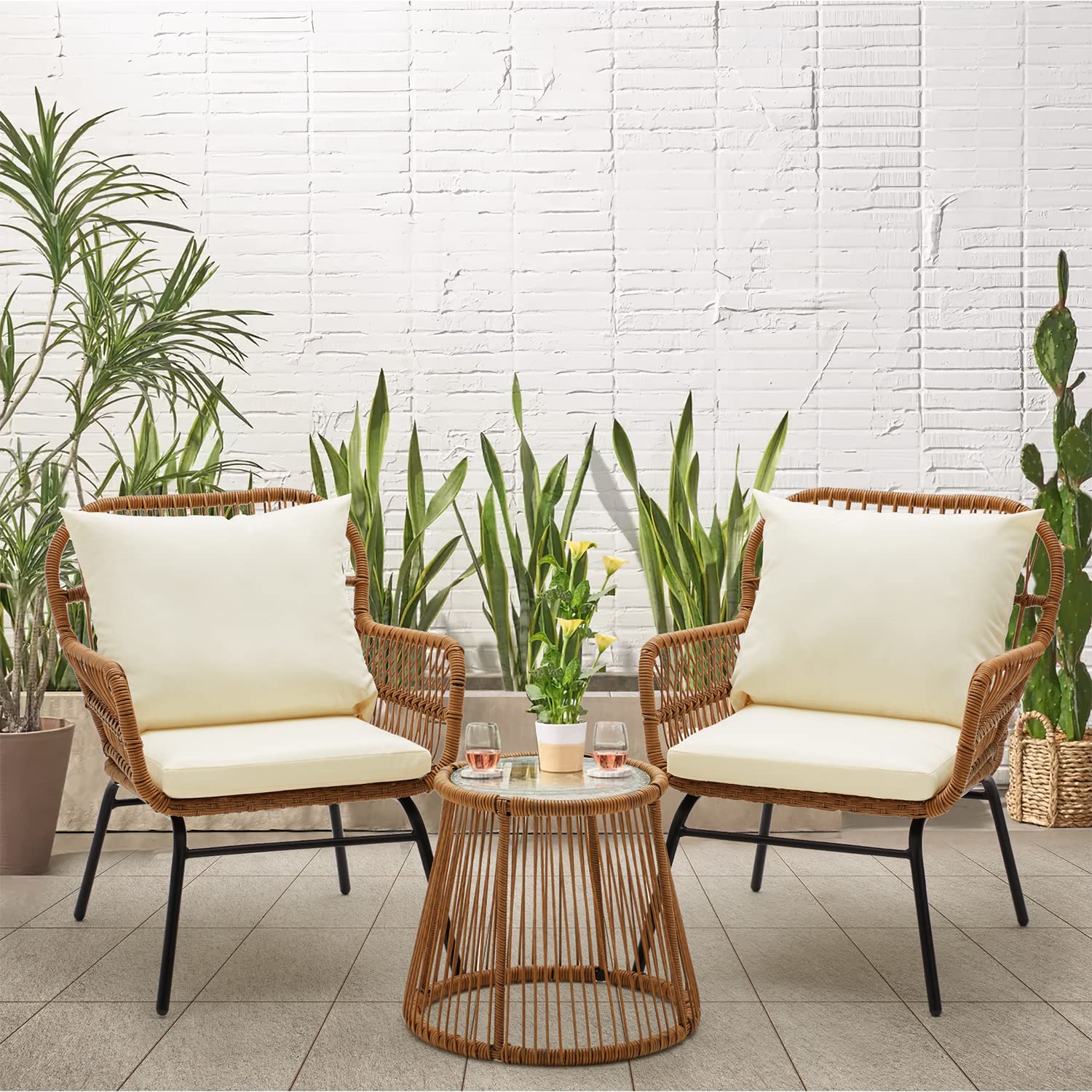 EROMMY 3-Piece Outdoor Patio Furniture Set - All-Weather Wicker Bistro Table with Tempered Glass Top & 2 Ergonomic Armchairs - White Balcony Conversation Set with Cushions for Porch, Backyard, Garden or Poolside Relaxation