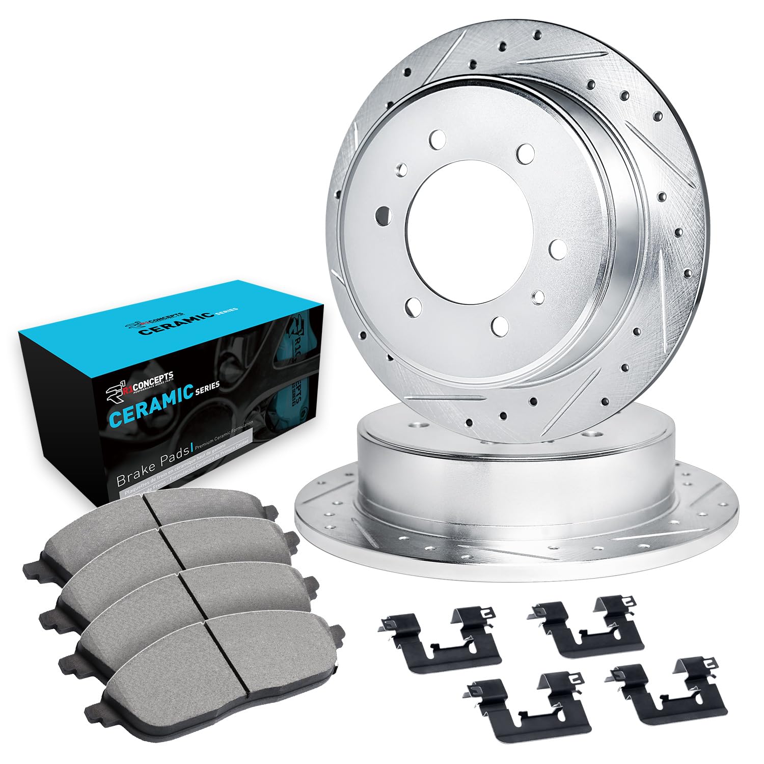 R1 Concepts Rear Brake Pads and Rotors Kit - Ceramic Brake Pads & Drilled Rotors with Hardware - Compatible with 2009-2010 Kia Borrego | Smooth Stopping for City Driving & Highway Safety