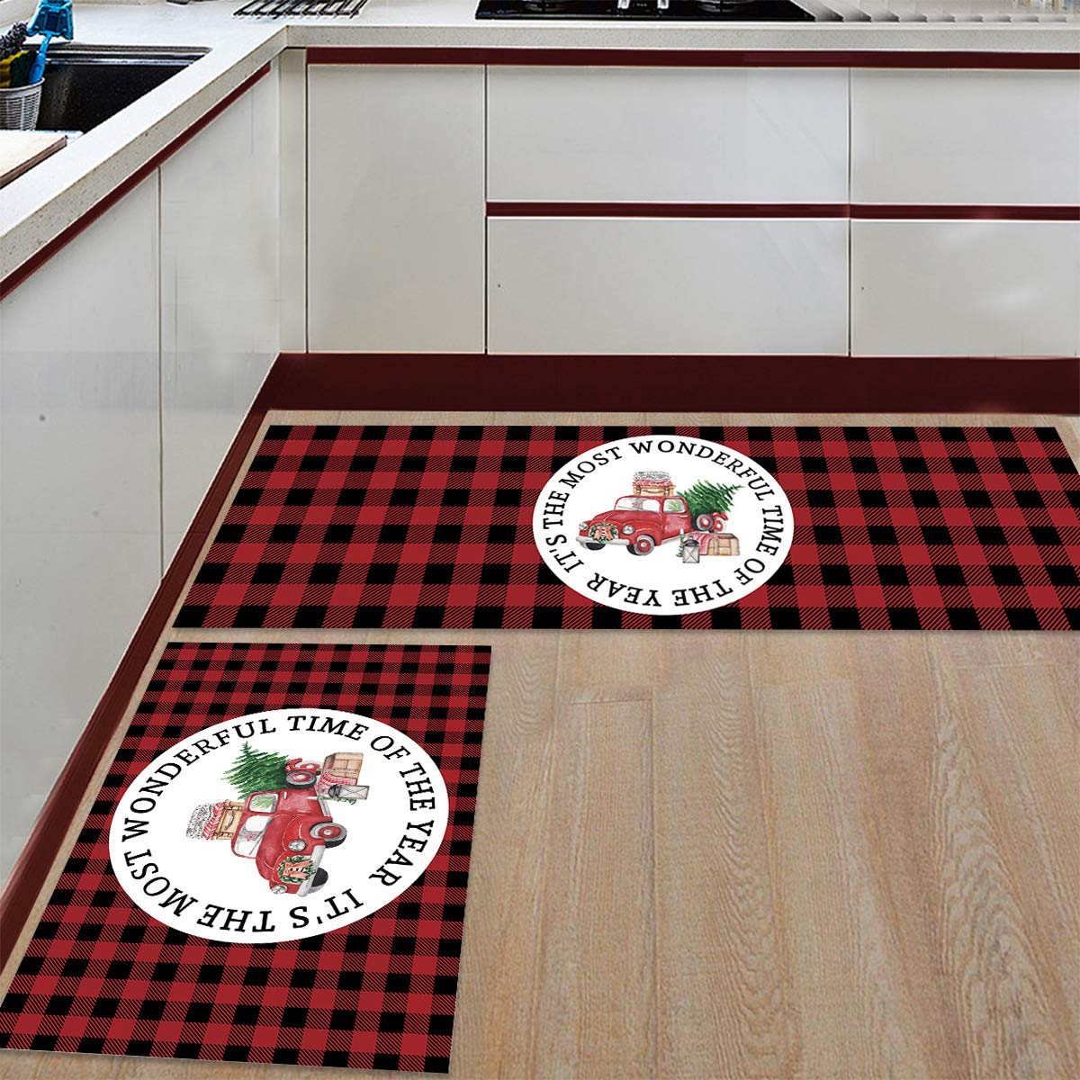 Red Buffalo Plaid Christmas Kitchen Mat - Non-Slip Anti-Fatigue Floor Rug with Holiday Truck Design, Perfect for Standing Desk, Kitchen Runner & Festive Home Decor | Ideal for Christmas Decorations, Cozy Kitchen & Office Use