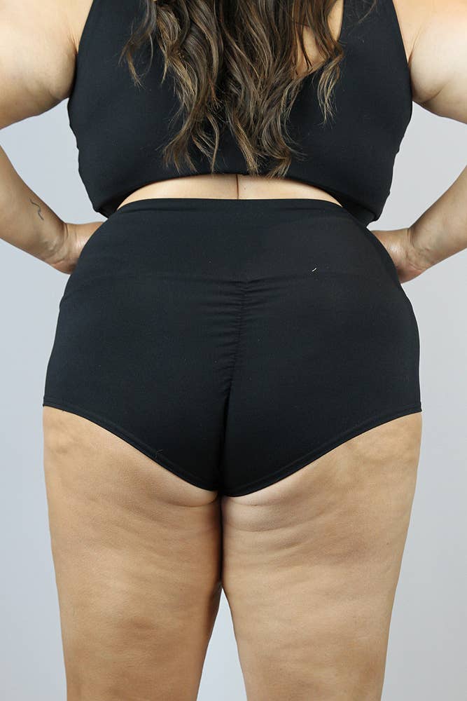 Matte Black High Waisted Brazilian Scrunch Butt Shorts for Women - Sexy Workout & Lounge Shorts for Yoga, Gym, and Beach Wear