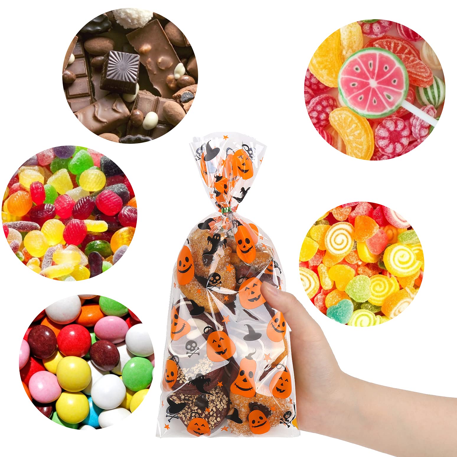 LOKIPA Halloween Cellophane Treat Bags - 150pcs Candy Goodie Bags with Twist Ties for Halloween Party Favors (3 Styles) | Perfect for Trick-or-Treating, Classroom Treats & Halloween Party Supplies