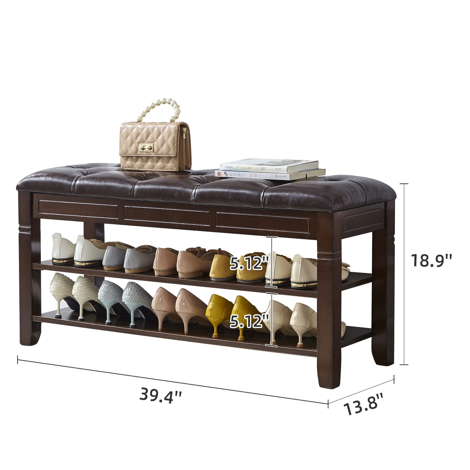 LEILISI 2-Tier Wooden Shoe Bench with Storage & Lift Top Cushion - 39.4