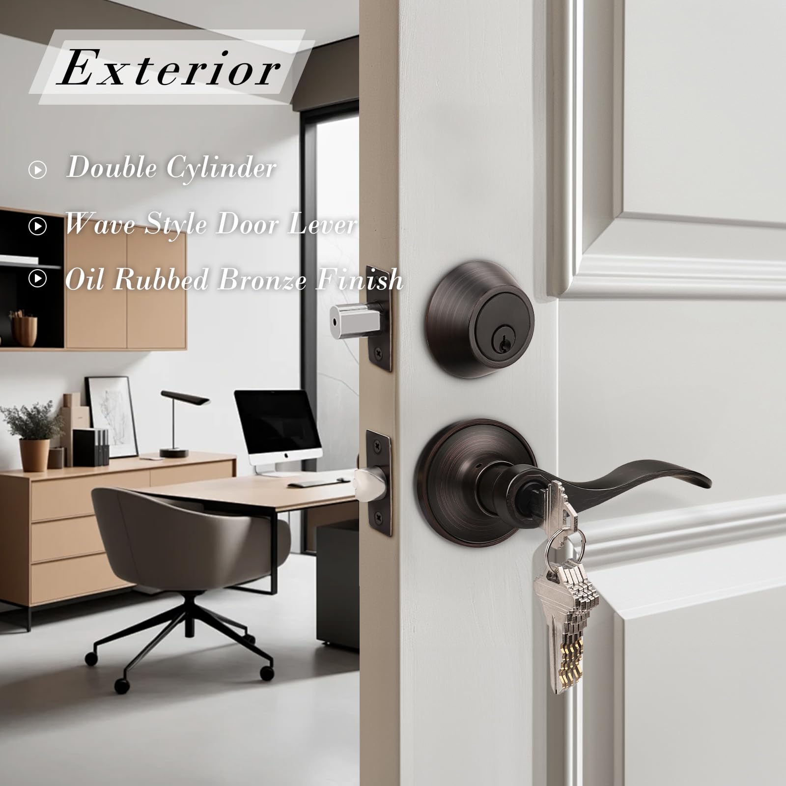 Oil Rubbed Bronze Exterior Door Handle with Deadbolt - Wave Style Keyed Entry Lockset for Home Security