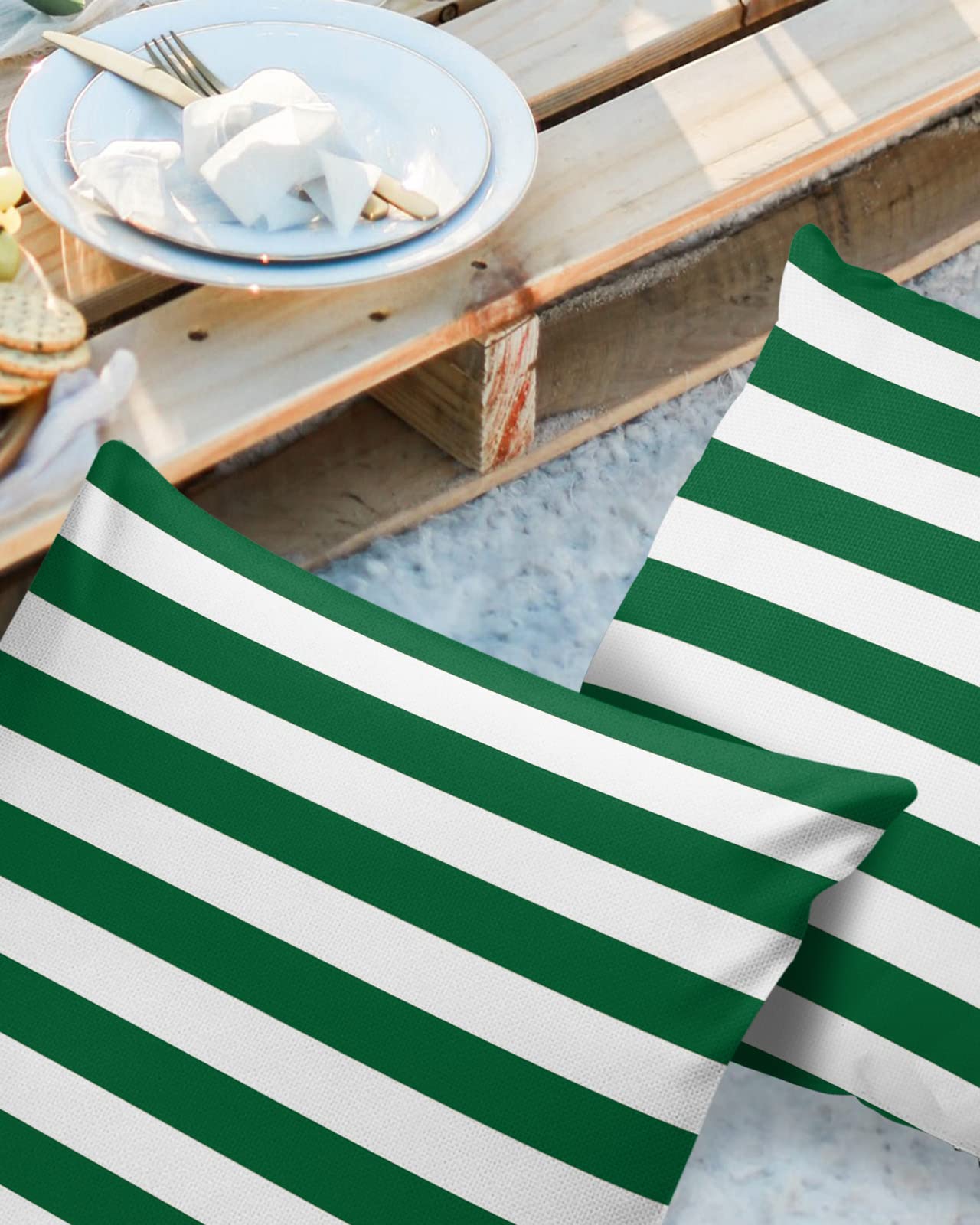 Waterproof Outdoor Pillow Covers Set of 2 - 24x24 Inch Green & White Striped Decorative Throw Pillowcases for Patio Furniture, Sofa, Couch & Chair - Christmas Home Decor - Perfect for Outdoor Use, Living Room & Seasonal Holiday Styling