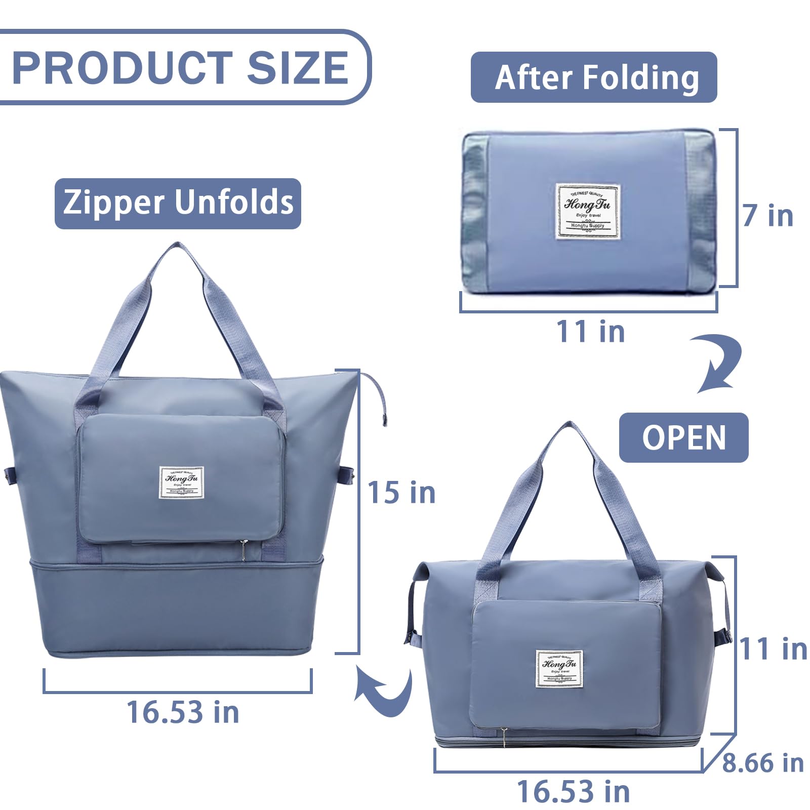 INVODA Expandable Travel Duffel Bag for Women - Waterproof Foldable Carry On Weekender Overnight Bag, Gym & Sports Tote - Perfect for Weekend Getaways, Business Trips & Gym Workouts (Blue)