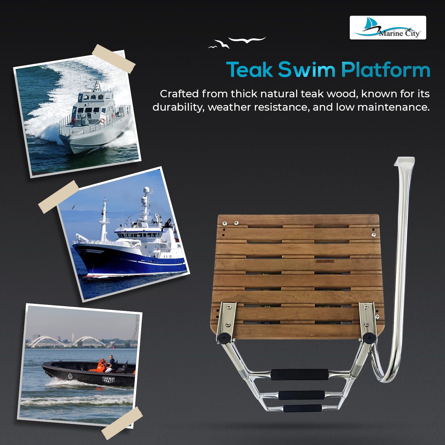 MARINE CITY Stainless Steel Swim Teak Platform Boat Ladder - Corrosion Resistant Marine Ladder for Boats, Ships & Yachts | Low Maintenance Design | Perfect for Swimming, Boarding & Water Sports Activities