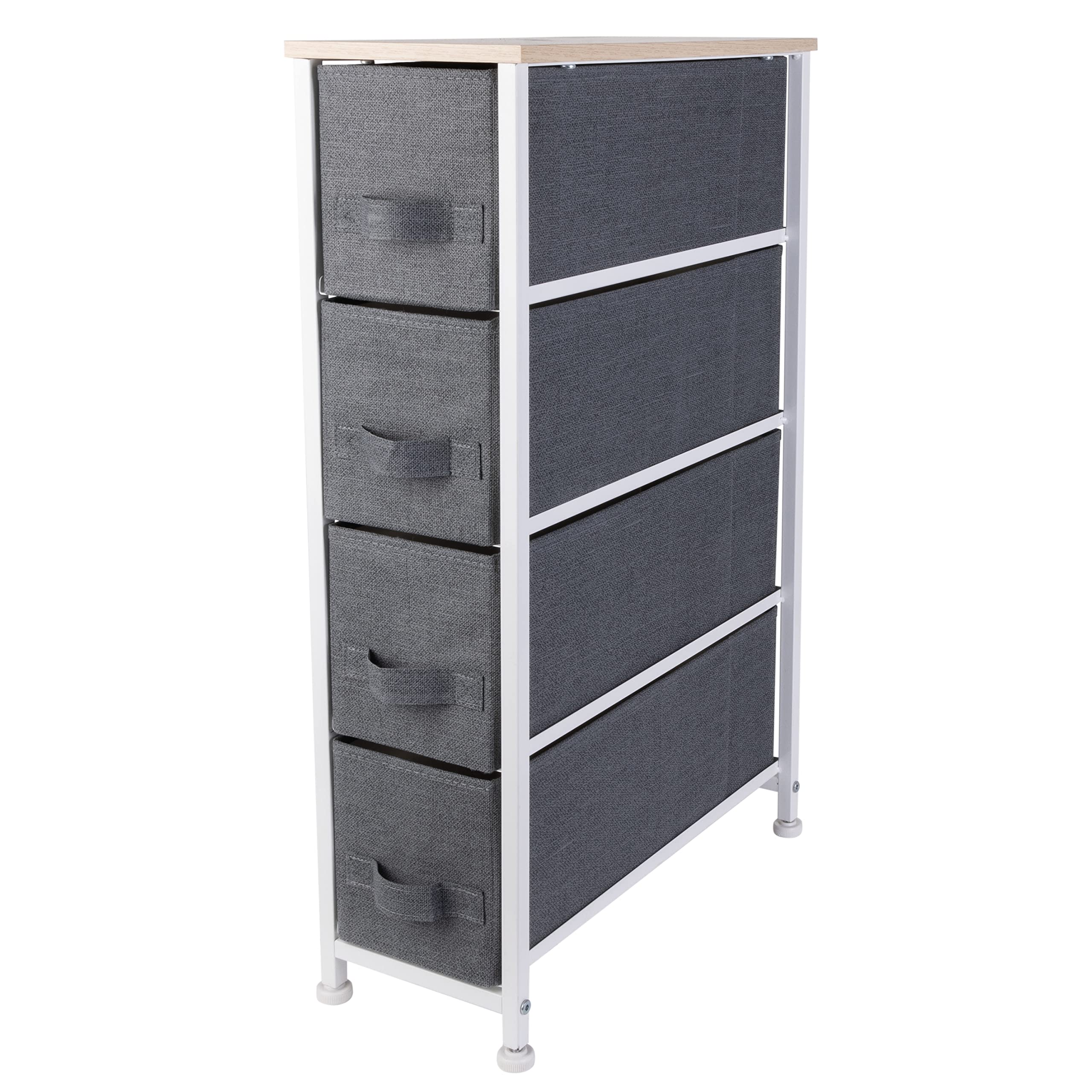 Simplify Vertical Narrow Dresser Storage Tower with 4 Fabric Drawer Bins | Sturdy Steel Frame Organizer for Bedroom, Closet, Office & Garage | Space-Saving Grey Storage Solution for Small Spaces & Home Organization