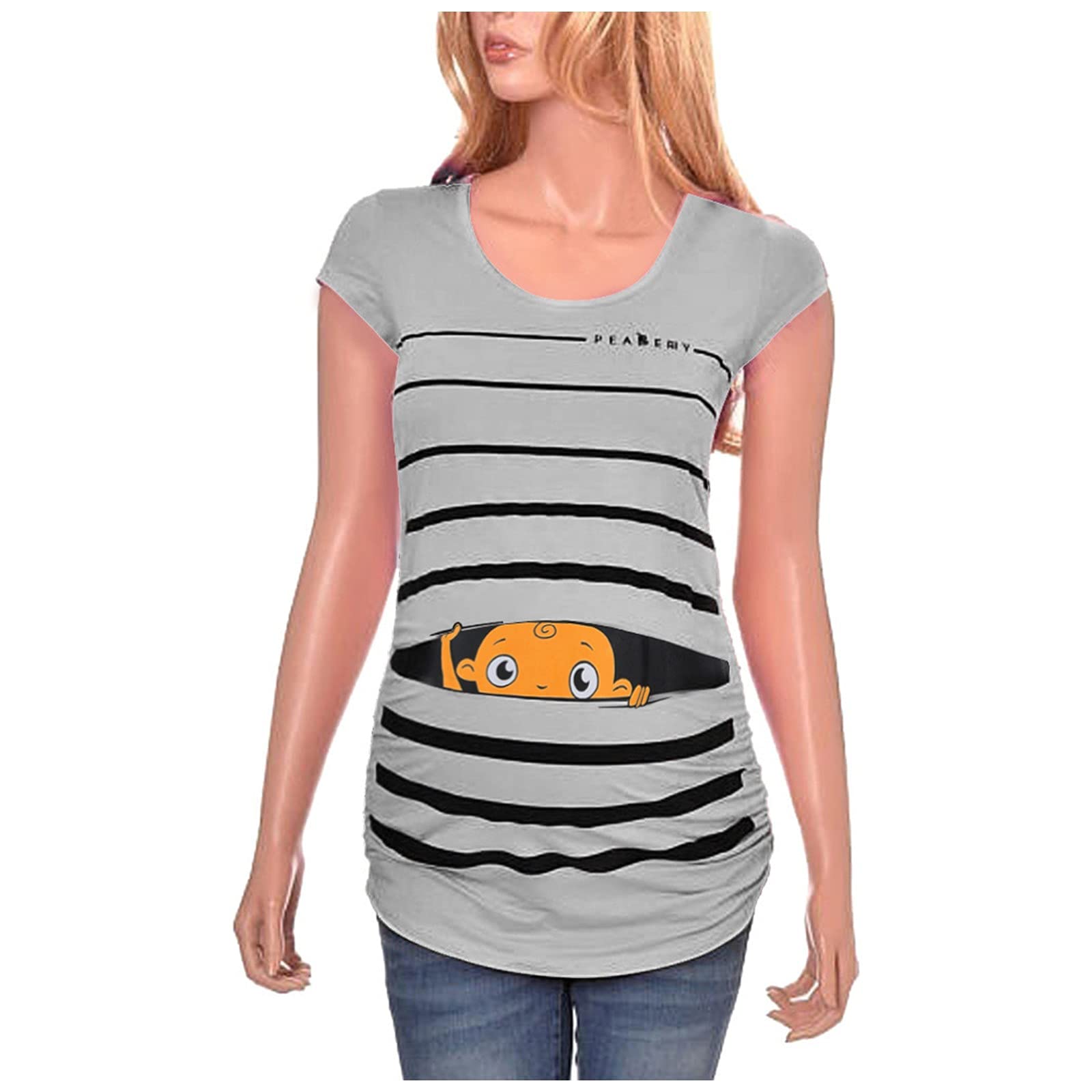Funny Maternity T-Shirt with Baby Print & Stripes - Short Sleeve Pregnancy Top for Women | Perfect for Baby Showers, Pregnancy Announcements & Casual Wear