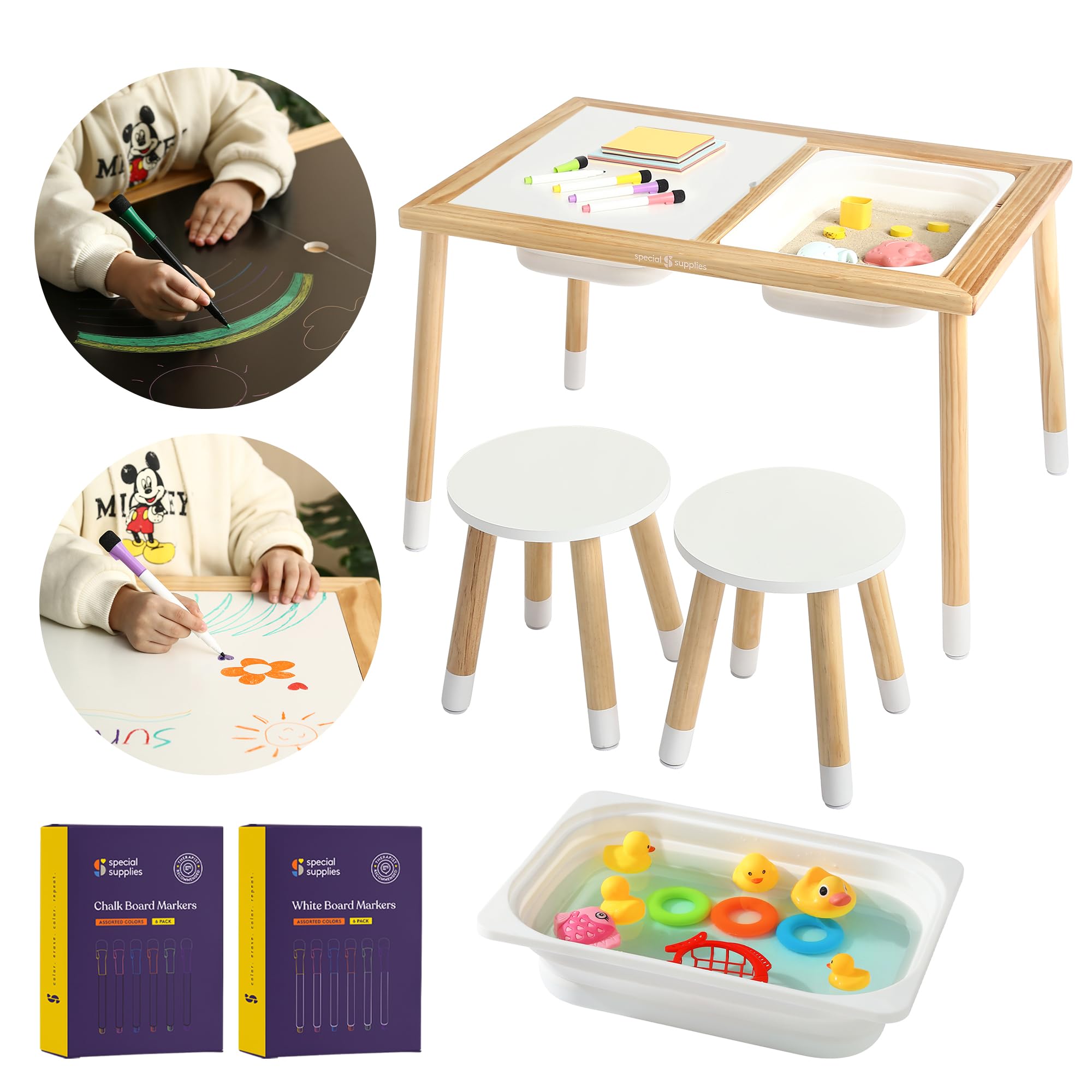 Premium Kids Sensory Table Set with Deep Water & Sand Bins - Writable Lids, Chalk & Dry Erase Markers for Active Learning, Creative Play & Arts - Pine Wood (2 Bins) - Perfect for Preschool, Daycare & Home Playrooms