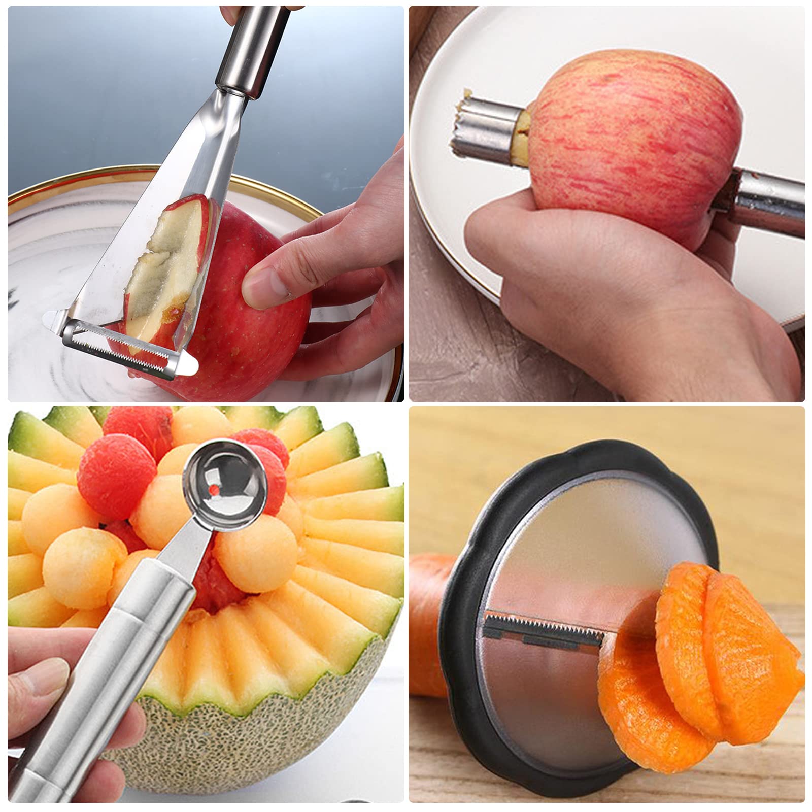 Premium 4-Piece Stainless Steel Fruit Carving Knife Set - Professional Apple Corer & Melon Baller for Kitchen DIY, Fruit Sculpting, Garnishing - Ideal for Home Chefs, Party Platters & Culinary Arts