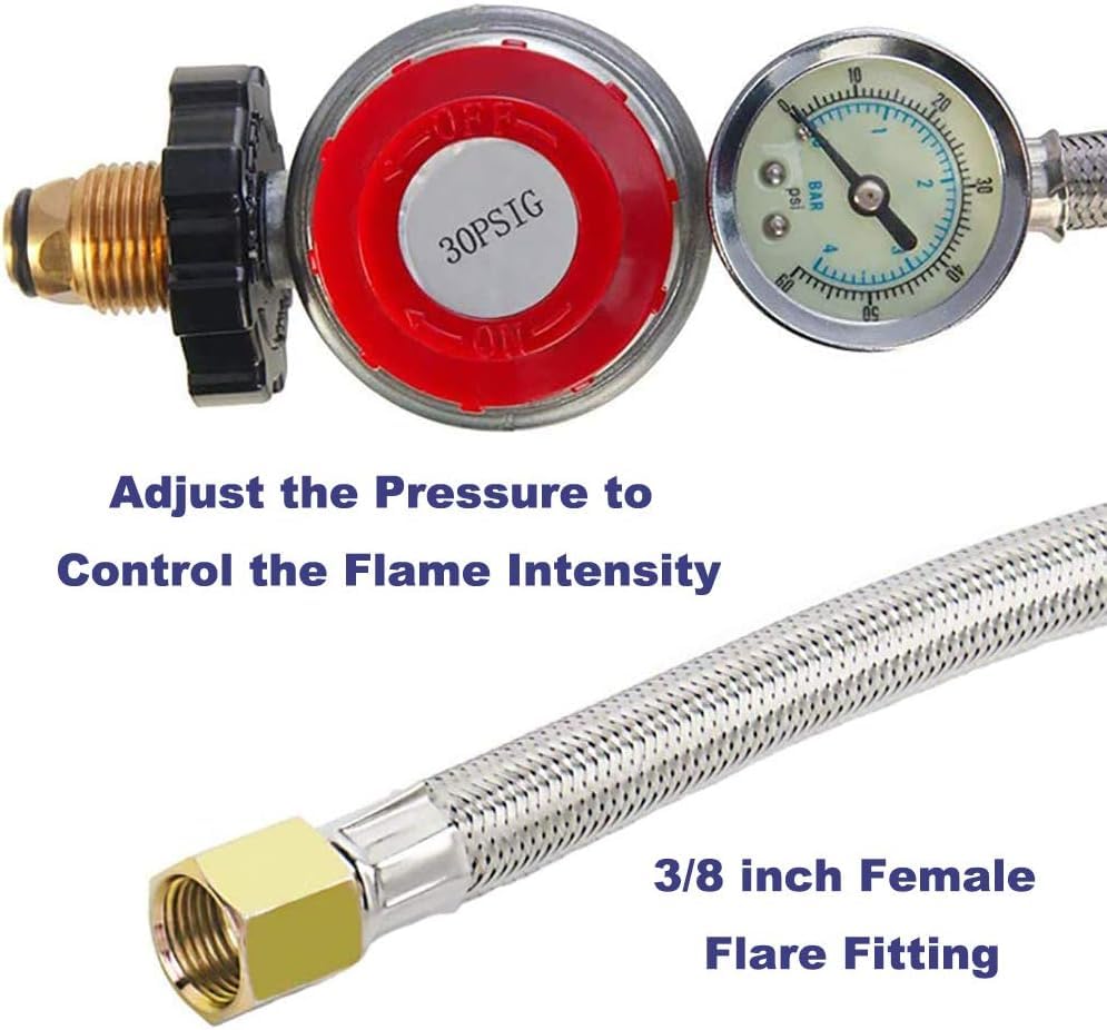 10FT High Pressure Propane Regulator with Hose - Adjustable 0-30 PSI Gas Regulator with Gauge, Stainless Steel Braided Hose for 5-100LB POL Tanks - Perfect for Fire Pits, Burners, Heaters, Fryers, Smokers & Griddles - Heavy Duty Outdoor Cooking & Heating Equipment