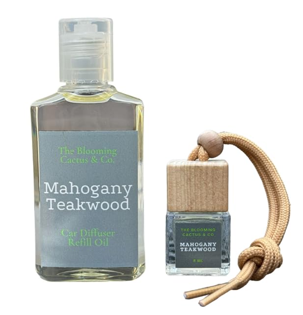 Blooming Cactus & Co. Car Diffuser with Refill - Mahogany Teakwood Scented Air Freshener | Long-Lasting, Phthalate-Free Fragrance | Perfect for Cars, Offices & Small Spaces | Portable Aromatherapy On-The-Go