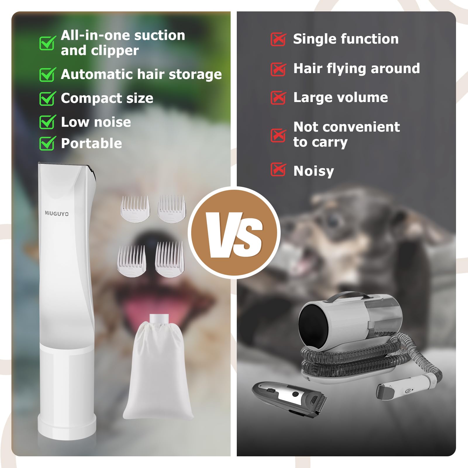 2-in-1 Dog Clipper & Hair Vacuum - Low Noise Rechargeable Cordless Pet Grooming Kit with Comb Guides & Scissors - Professional Dog & Cat Hair Trimmer with Hair Suction - Perfect for Home Grooming & Christmas Gifts