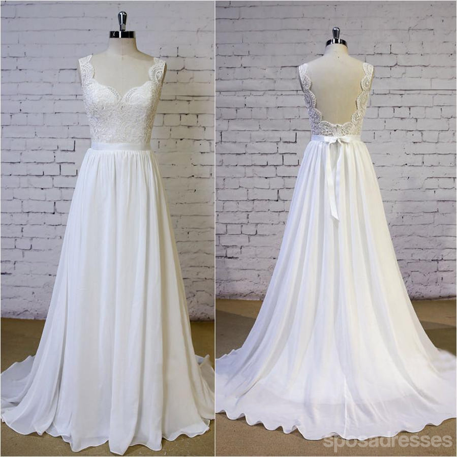 Elegant Backless V-Neck Lace Straps Beach Wedding Dress - WD325 | Flowy Bridal Gown for Destination Weddings, Beach Ceremonies & Summer Bridal Events