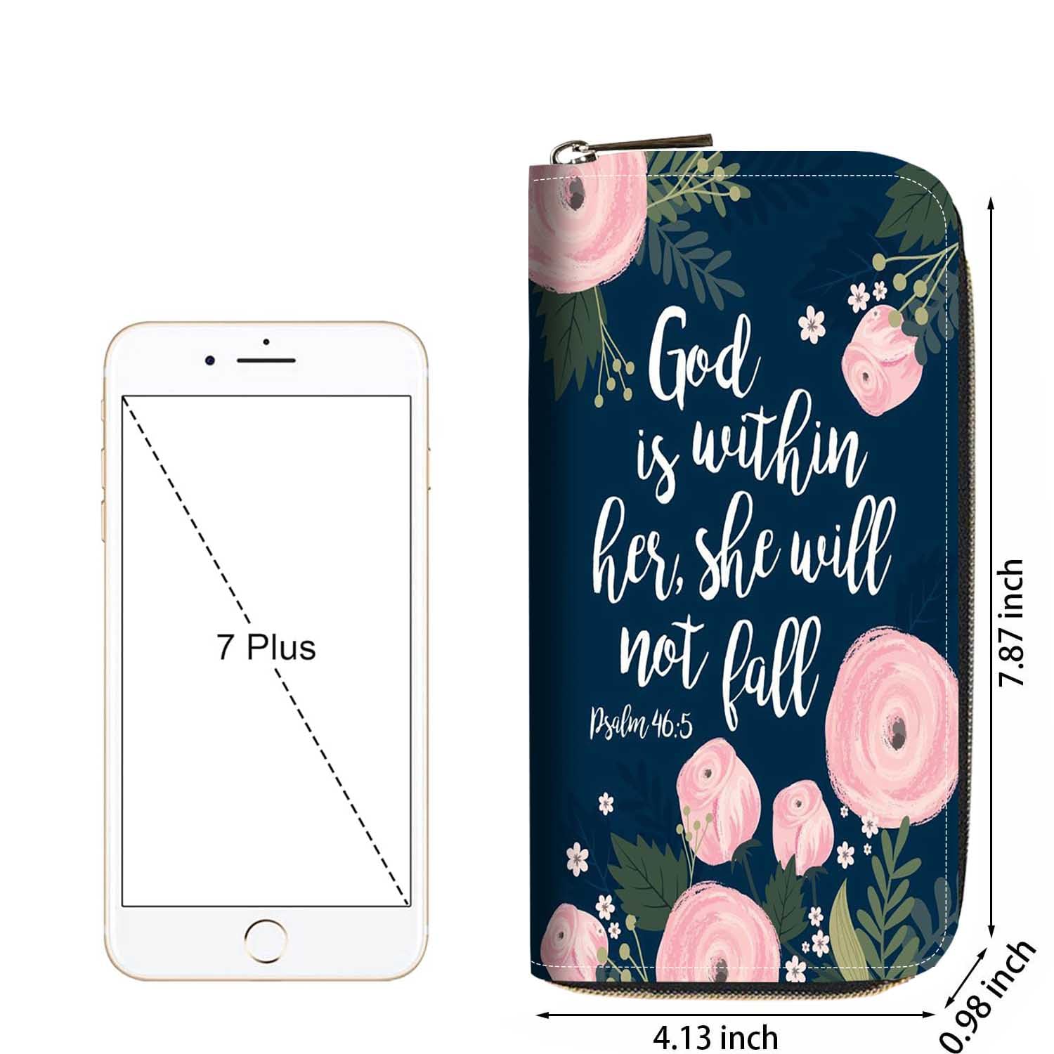 Floral Bible Verse Psalm 46:5 Print Women's Large PU Leather Wallet - Zipper Clutch Purse for Smartphone, Cards, Coins & Cash - Perfect for Church, Daily Use & Gift Giving