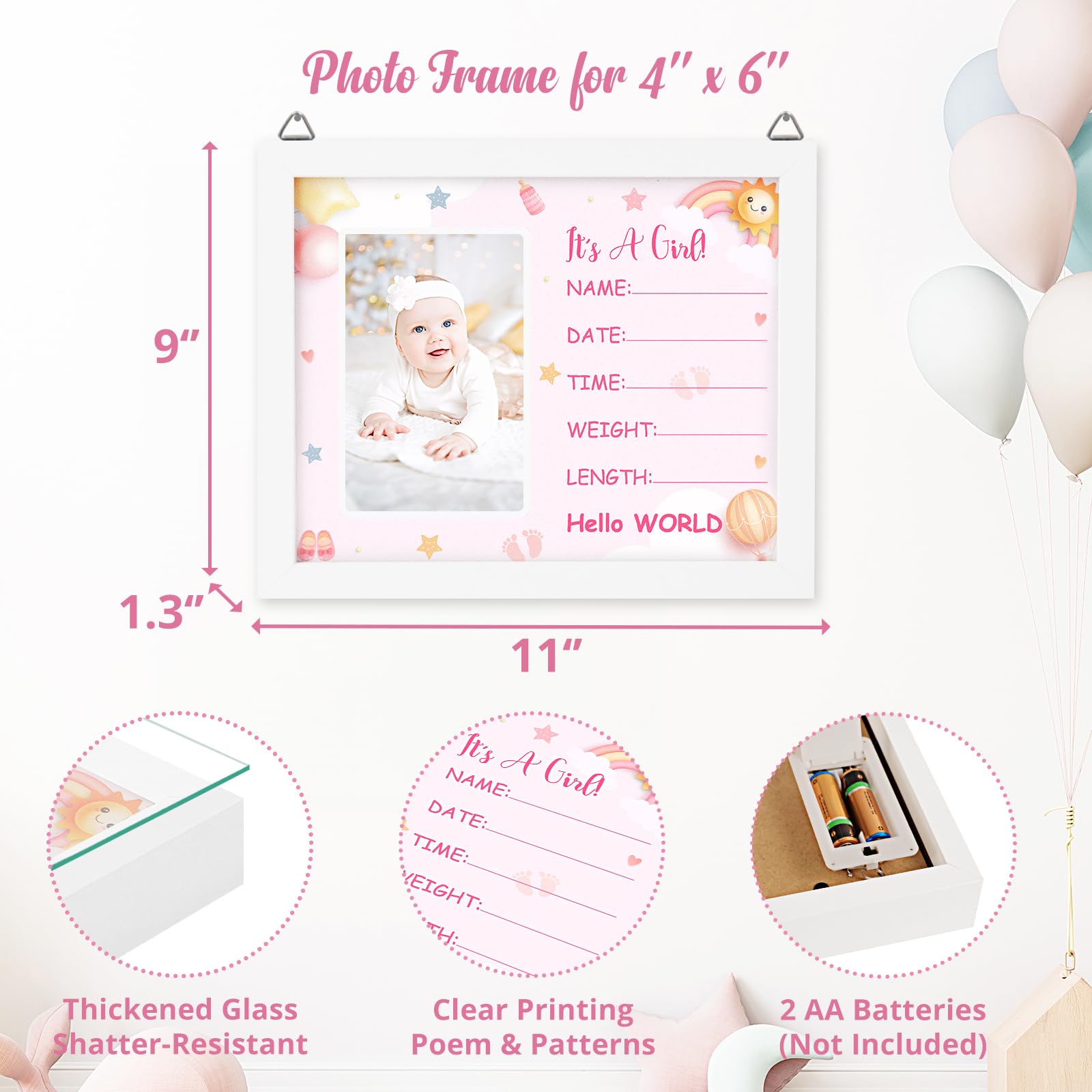 Personalized LED Shadow Box Picture Frame - Baby Girl Birth Announcement Sign, Gender Reveal Gift for New Parents | Perfect for Baby Showers, Nursery Decor & Newborn Welcome Gifts | Must-Have Baby Registry Essential