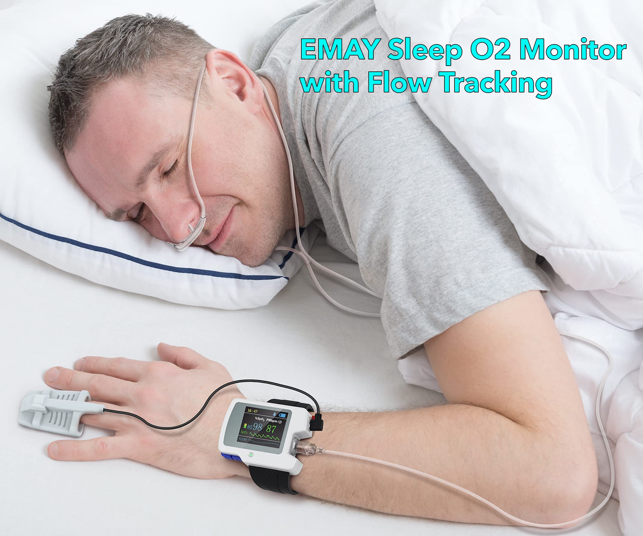 EMAY SleepO2 Pro Wrist Pulse Oximeter - Continuous SpO2 & Flow Tracking Overnight Sleep Oxygen Monitor with ODI/AHI Data & PC Software - Ideal for Sleep Apnea Monitoring, Athlete Training & High Altitude Travel