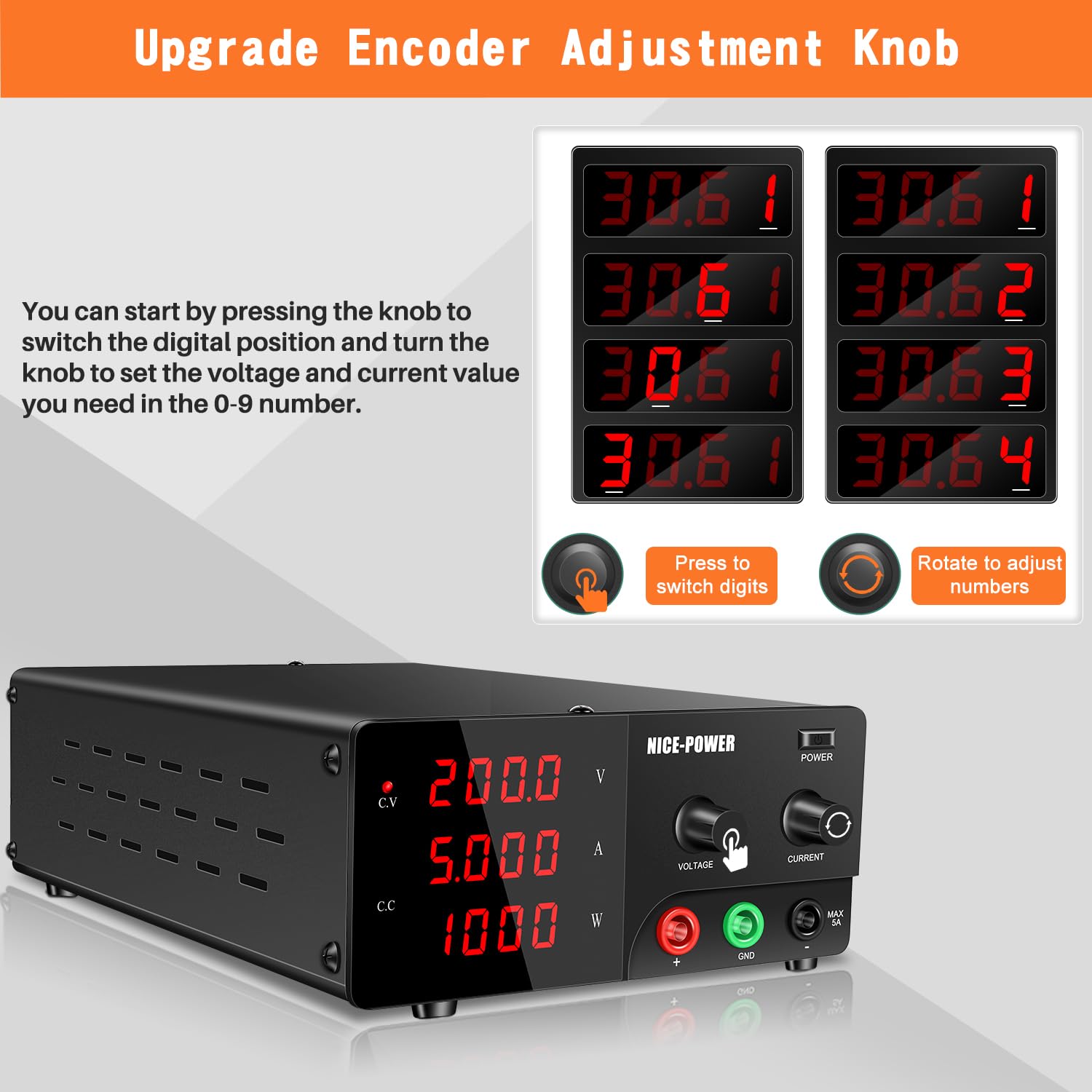 NICE-POWER 1000W Variable DC Power Supply - 200V 5A Adjustable Voltage Regulator with Intelligent Fan for Electronics Lab, DIY Projects & Industrial Testing