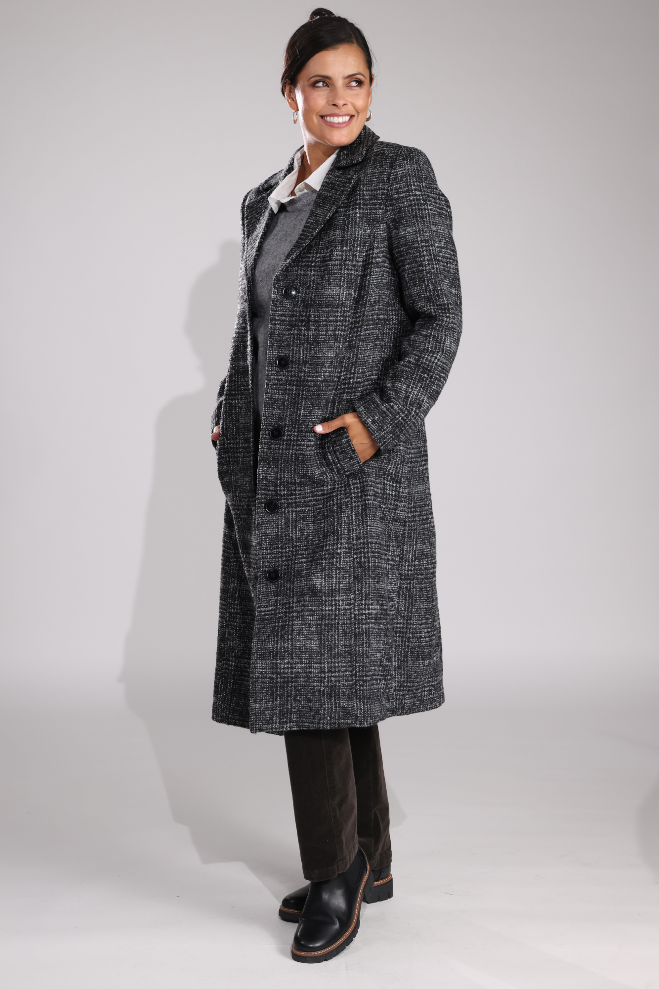 Stylish Fully Lined Coat in Black Silver Check Pattern - Winter Fashion Outerwear for Women | Perfect for Office, Dating & Special Occasions