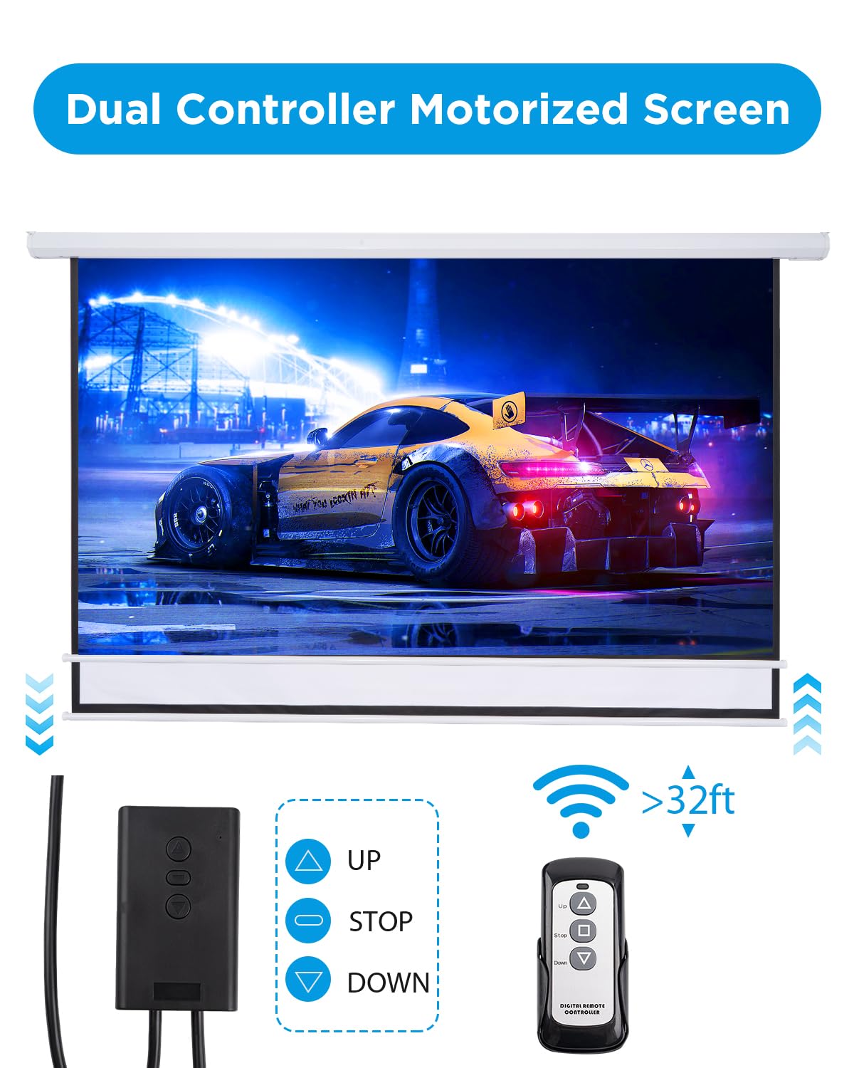 120 Inch Motorized Projector Screen with Remote - Automatic Pull Down Projection Screen for Home Theater & Outdoor Movies | Ceiling Mount Hooks, 4:3 White Retractable Screen for Indoor & Outdoor Use