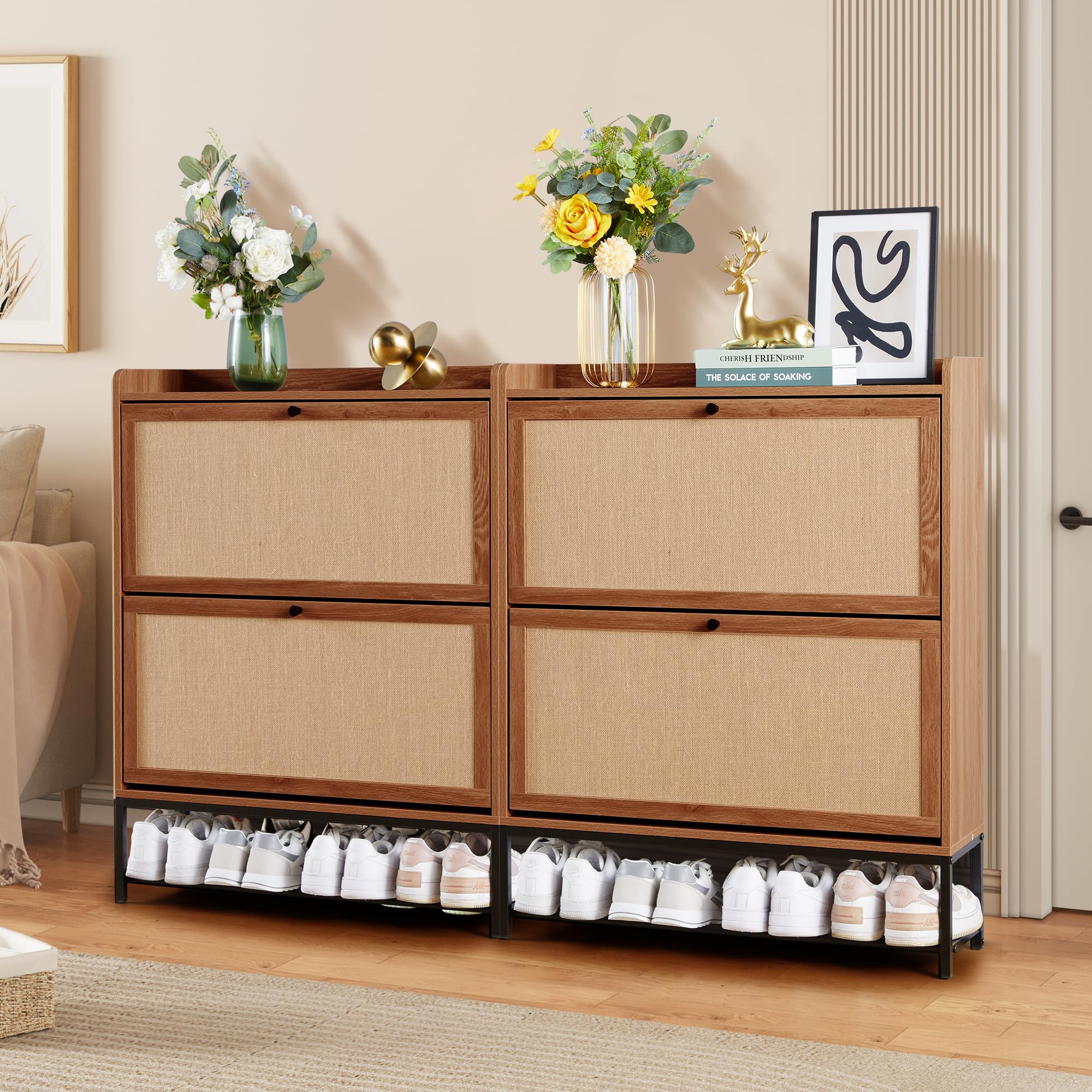 LEVNARY Wooden Shoe Storage Cabinet with 2 Flip Drawers - Narrow Entryway Shoe Organizer with Metal Legs, Freestanding Shoe Rack for Hallway (Walnut) | Perfect for Small Spaces, Apartment Entryways & Closet Organization