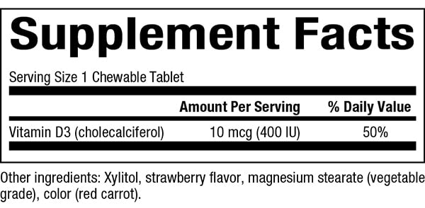 Best Vitamin D3 for Kids 400 IU (10 mcg) - Immune Support & Bone Health - Easy Chewable Tablets for Daily Use at Home or School
