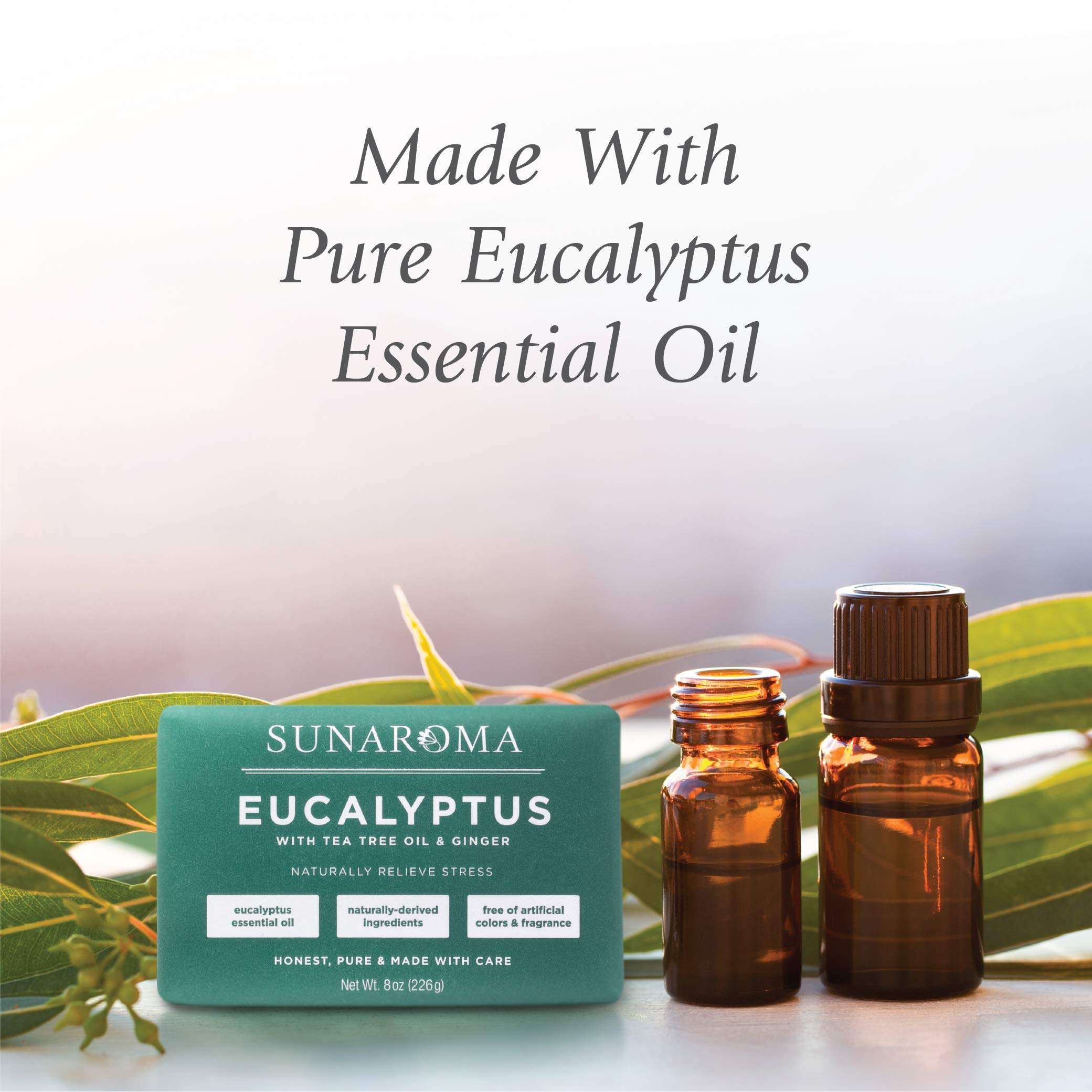 Sunaroma Eucalyptus Tea Tree Oil & Ginger Soap Bar - Natural Antibacterial & Aromatherapy for Skin Care, Relaxation & Stress Relief - Perfect for Shower, Bath & Spa Use (1 Pack)