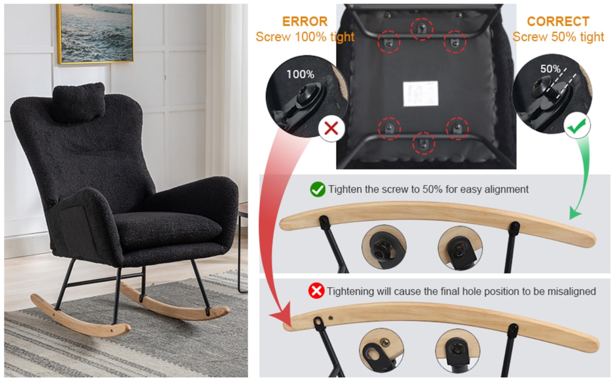 LUSPAZ Soft Teddy Velvet Rocking Chair - Nursery Glider Rocker with Solid Wood Base, Comfortable Wingback Design for Living Room, Bedroom & Balcony (Black) - Perfect for Nursing, Reading & Relaxing