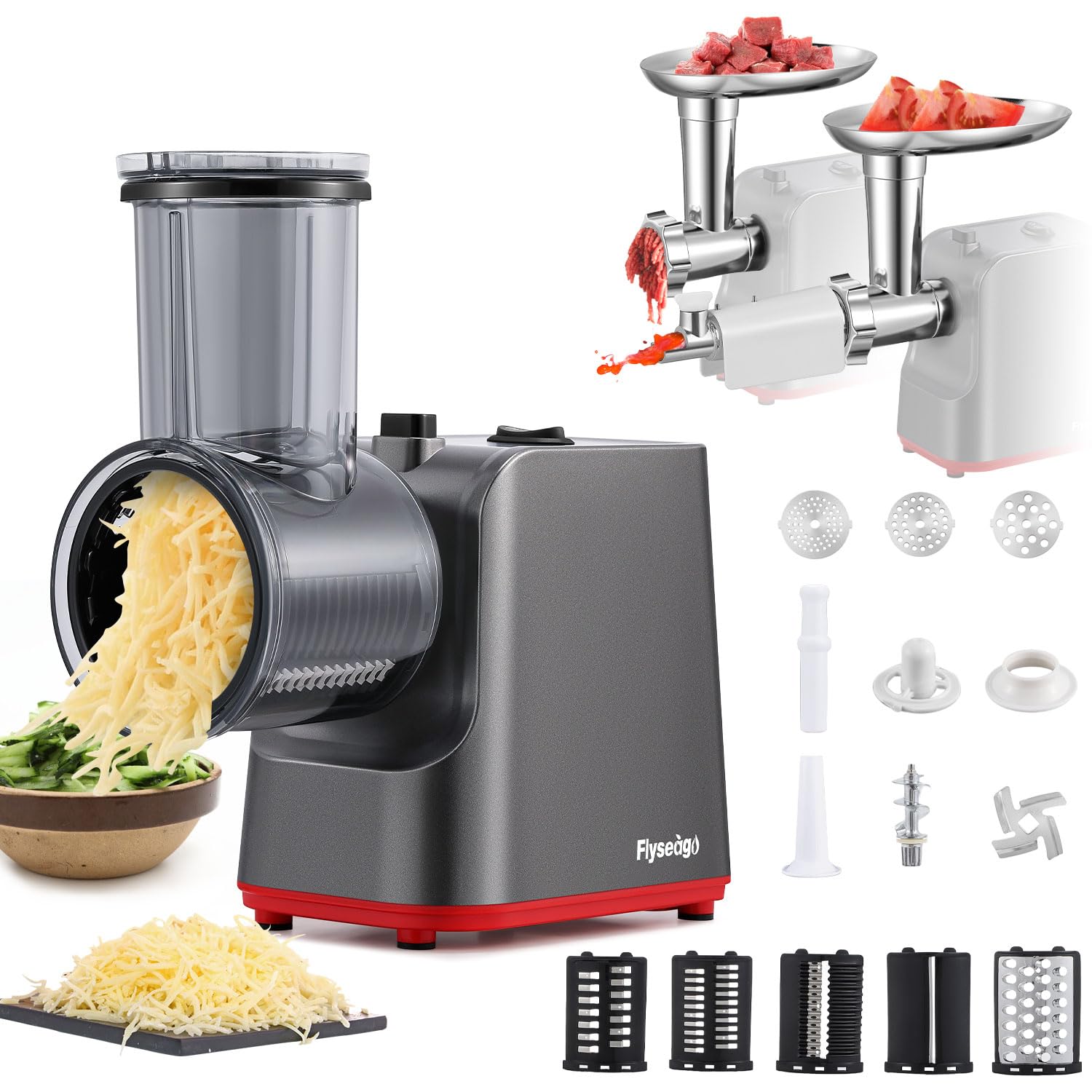 Electric Cheese Grater & Vegetable Shredder - 5-in-1 Multifunctional Kitchen Tool with Rotary Blades, Meat Grinder & Sausage Stuffer - Perfect for Grating Cheese, Shredding Vegetables, Making Salads & Homemade Sausages (Includes Kubbe Kit & Tomato Strainer) - Ideal for Home Cooking, Meal Prep & Party Food Preparation