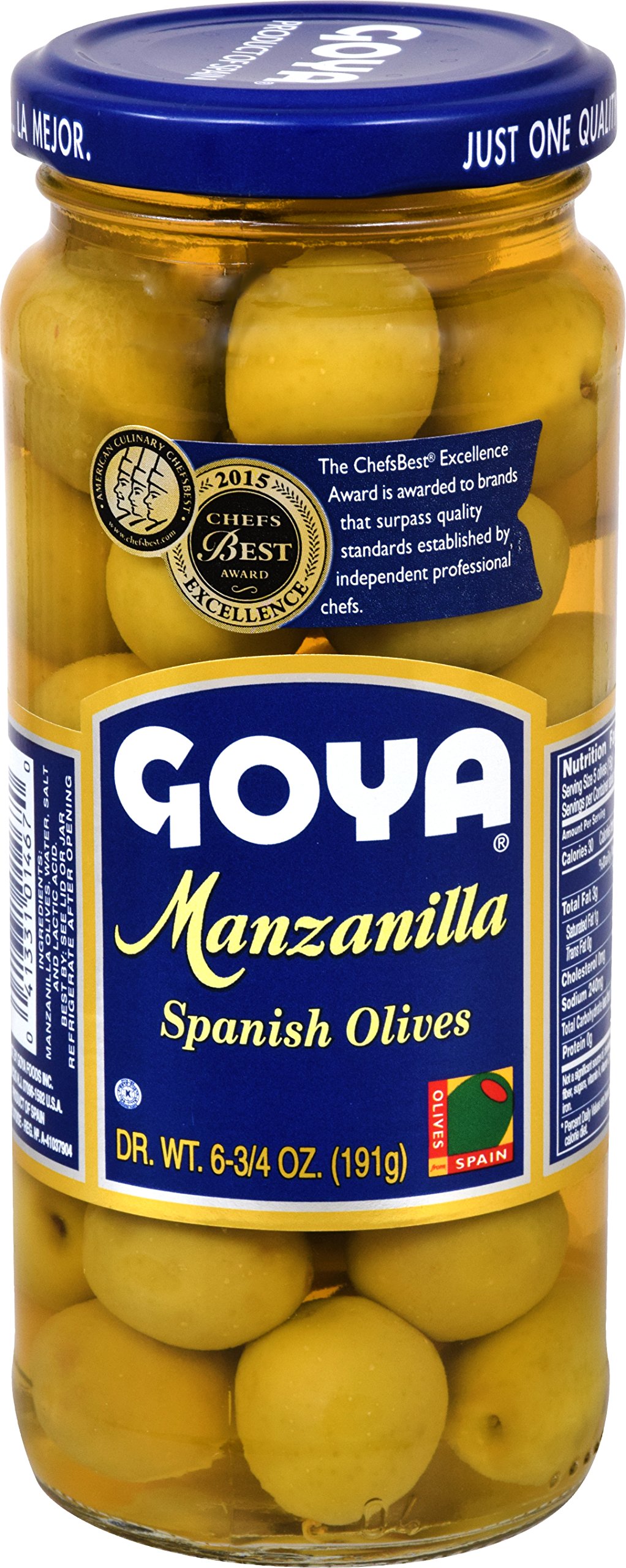 Goya Manzanilla Spanish Olives, 6.75 oz (Pack of 2) - Stuffed with Pimientos - Perfect for Salads, Tapas & Charcuterie Boards