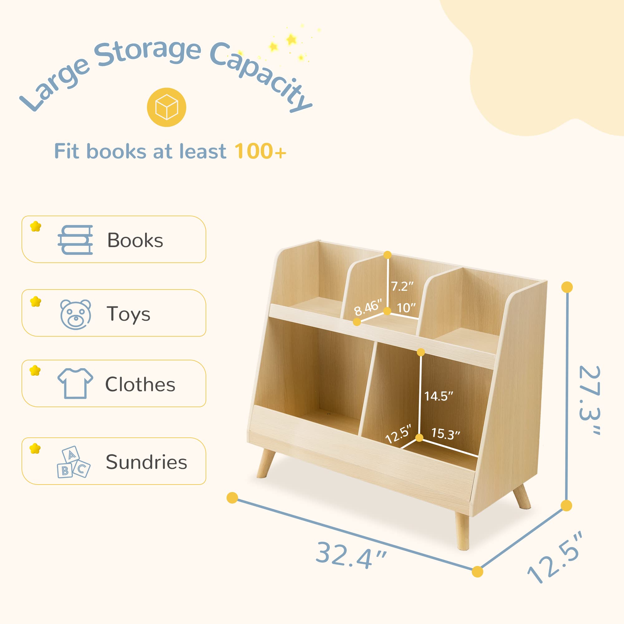 Wooden Kids Bookshelf & Toy Organizer - 5 Cubbies, 2-Tier Baby Book Storage Display - Natural Wood Color - Perfect for Nursery, Playroom, Bedroom - Great Christmas & Birthday Gift for Toddlers