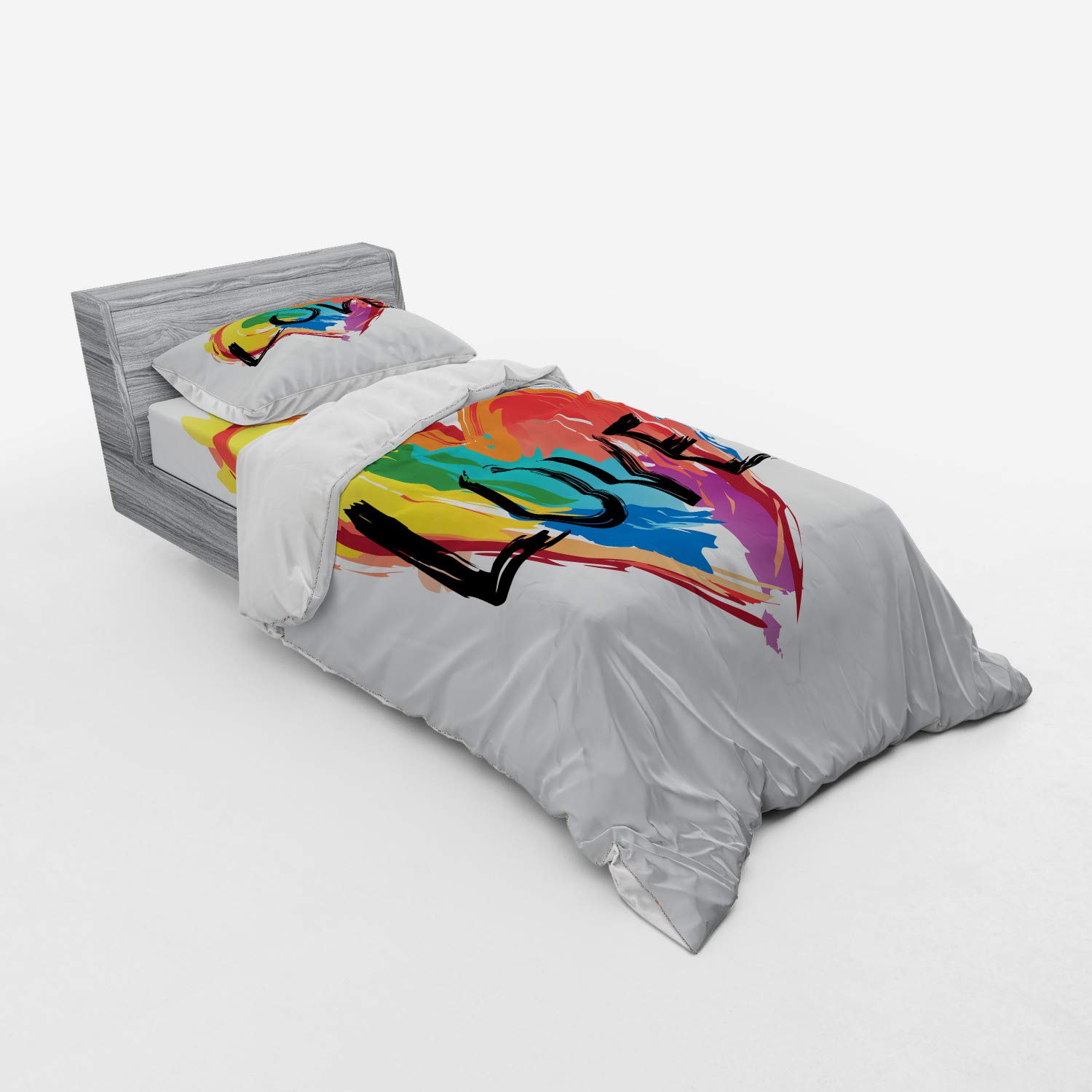Ambesonne Rainbow Bedding Set - 3 Piece Duvet Cover with Sham & Fitted Sheet, Twin Size, Brush Painted Pride Heart LGBT Design on Plain Background - Perfect for Pride Month Decor, Teen Bedrooms & LGBTQ+ Themed Rooms