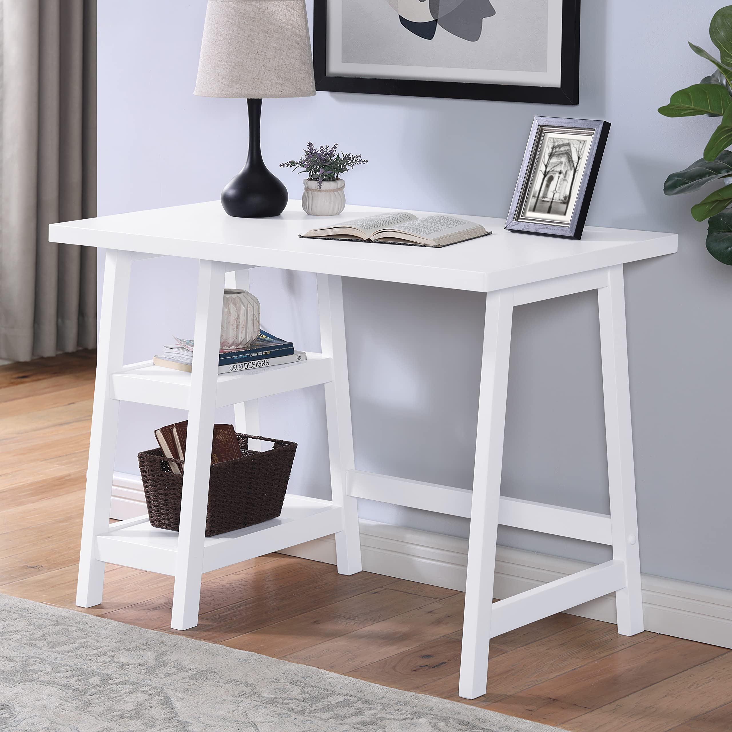 Roundhill Furniture Redina Desk - White Modern Writing Desk for Home Office, Study & Workspace - Compact & Stylish Design with Durable Finish