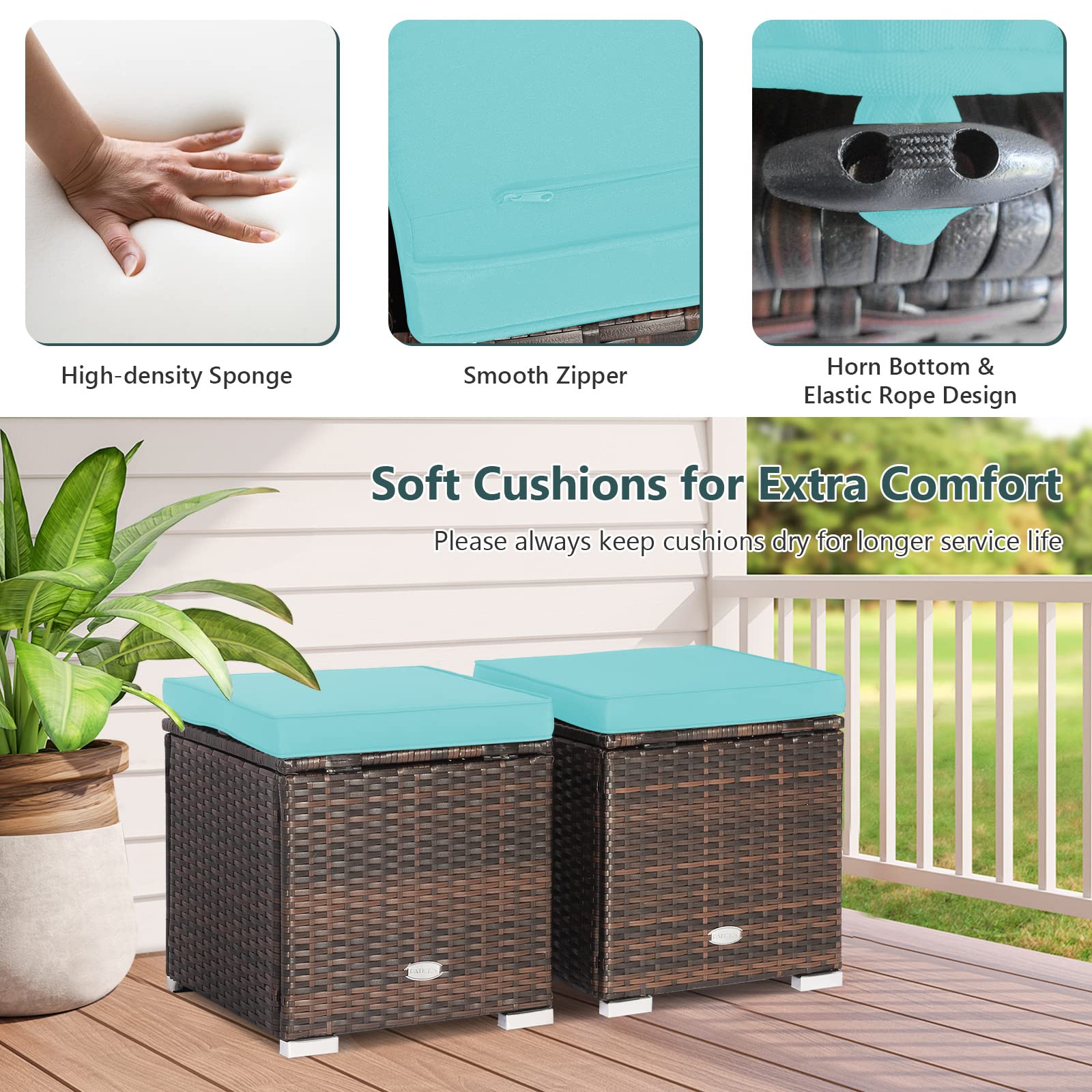 Tangkula 2-Piece PE Rattan Patio Ottoman Set with Removable Cushion & Hidden Storage - Multifunctional Side Table/Seat for Outdoor Living, Backyard, Poolside & Garden (Turquoise) - Perfect for Relaxation, Entertaining & Stylish Storage Solutions