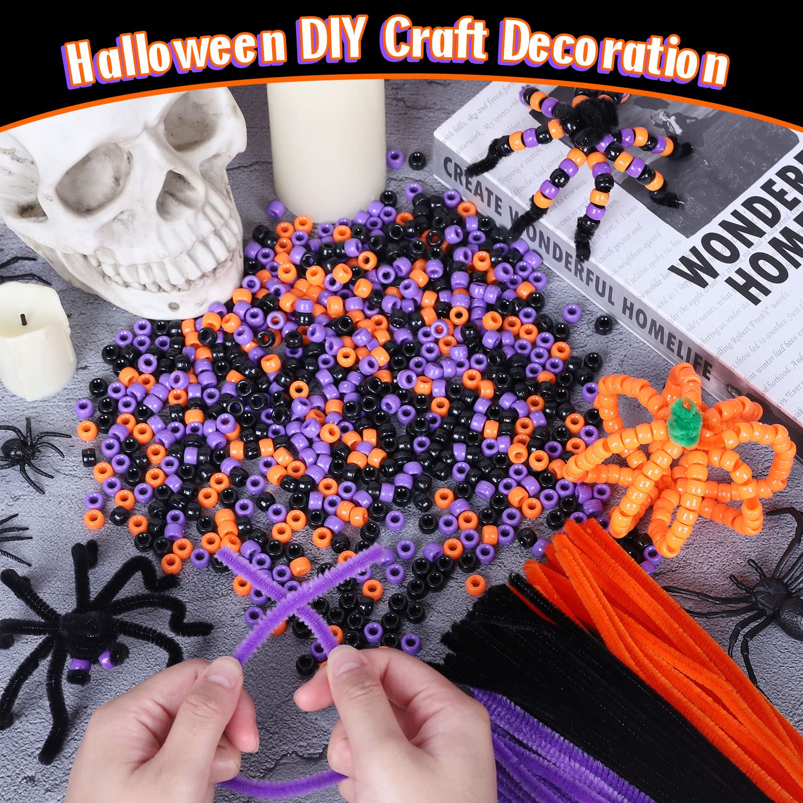 Whaline 1000Pcs Halloween Pony Beads & 100Pcs Chenille Stems - Purple Orange Black Plastic Craft Beads for DIY Jewelry Making, Necklace & Bracelet Supplies | Perfect for Halloween Decorations, Party Favors & Kids Craft Projects