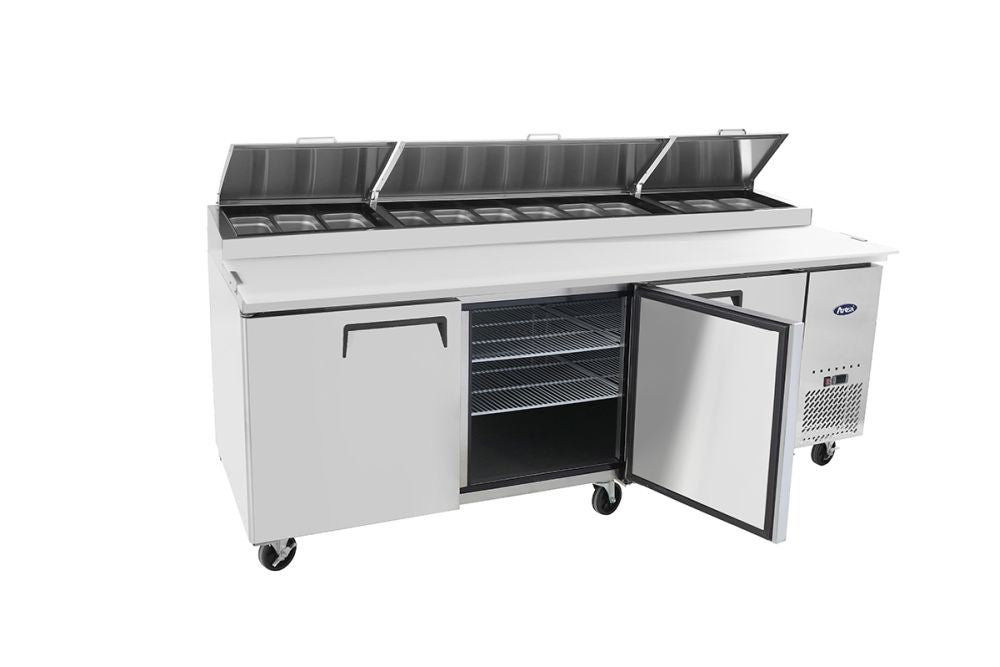 Atosa MPF8203 Commercial 3-Door Pizza Prep Table Refrigerator - Stainless Steel Countertop Refrigerator for Restaurants, Pizzerias & Food Service Businesses