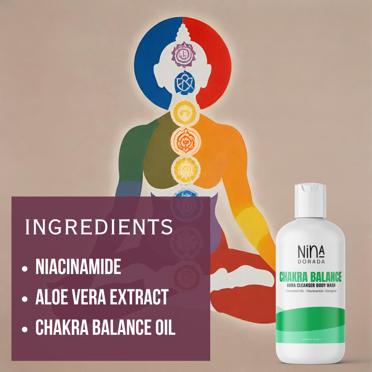 Nina Dorada Chakra Body Wash with Essential Oils for Aura Balance & Spiritual Positivity | Detoxifying Niacinamide Formula | Exfoliates Dead Skin Cells & Unclogs Pores | 300ml | Perfect for Yoga, Meditation & Holistic Self-Care Routines