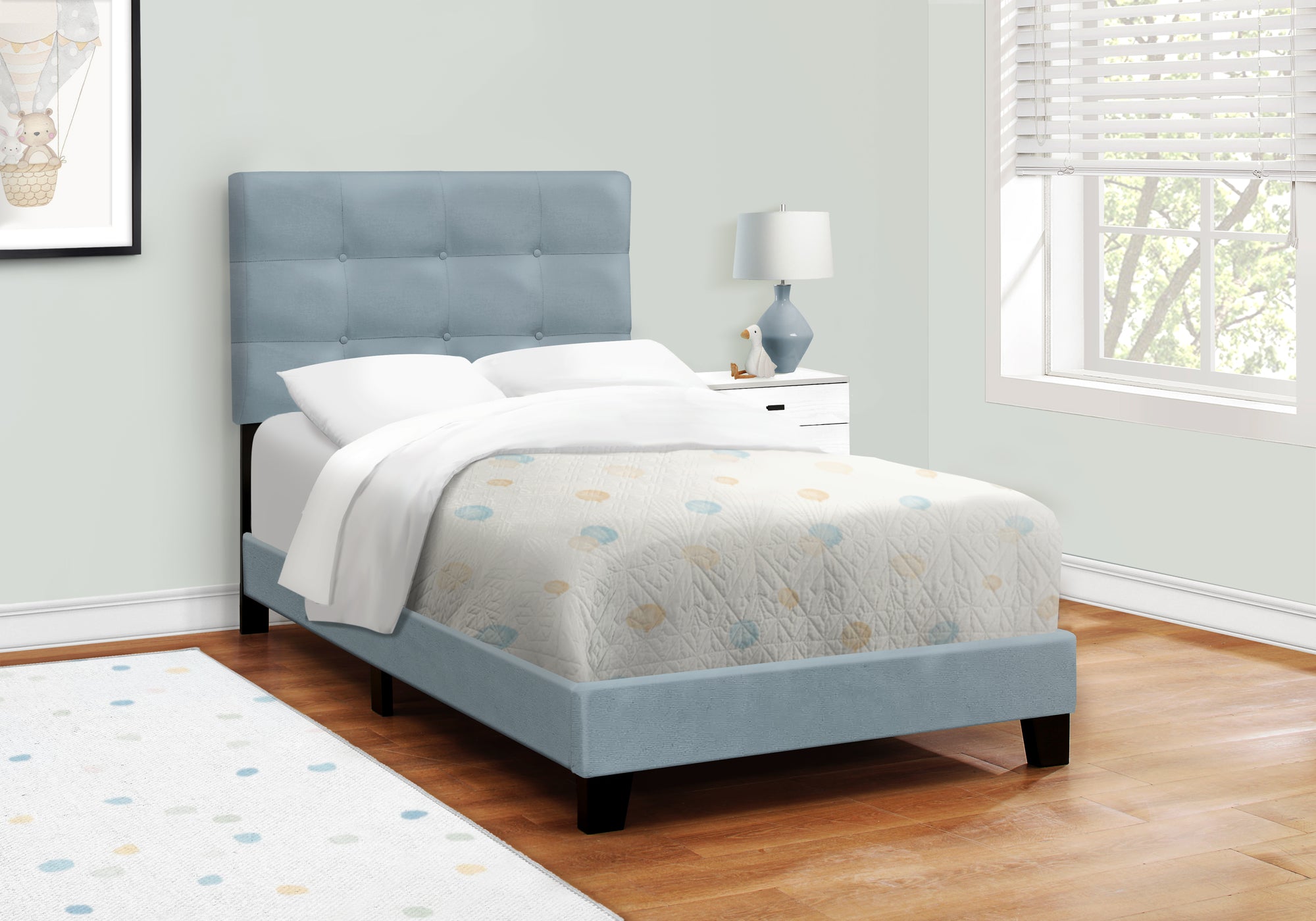 Stylish Blue Velvet Twin Bed Frame for Kids & Teens - Modern Upholstered Platform Bed with Wooden Slats - Perfect for Bedrooms, Dorms & Guest Rooms