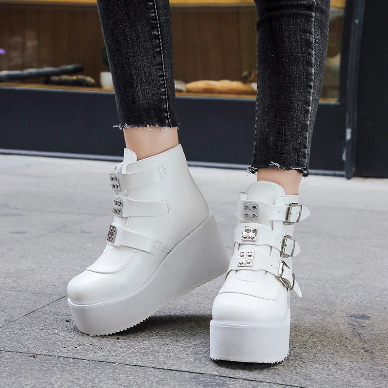 Women's Ankle Boots with Belt Buckle - Street Fashion Casual Wedge Platform Shoes, Size 43, Super High Heel Designer Boots for Women | Perfect for Night Out, Party & Fall/Winter Fashion