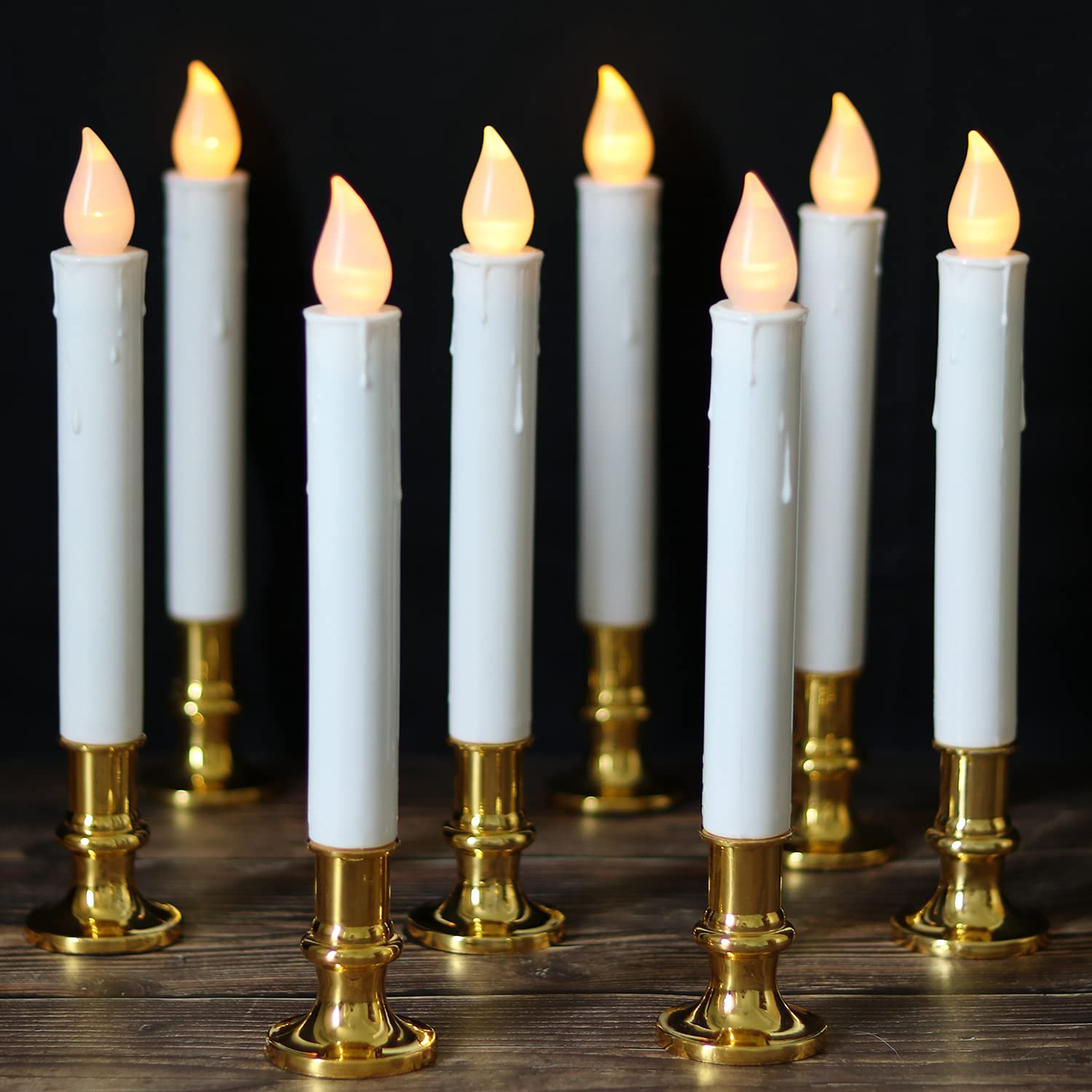 DRomance 9-Inch Flameless LED Window Taper Candles - 8 Pack White Battery Operated Candles with Remote Control, Timer & Gold Holders - Perfect for Christmas Decor, Holiday Windows & Home Ambiance (Includes Suction Cups & AA Batteries)