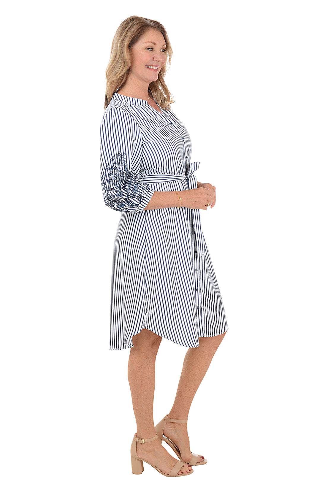 Embroidered Sleeve Seersucker Stripe Summer Dress for Women - Lightweight & Breathable Casual Sundress for Beach, Vacation & Outdoor Activities