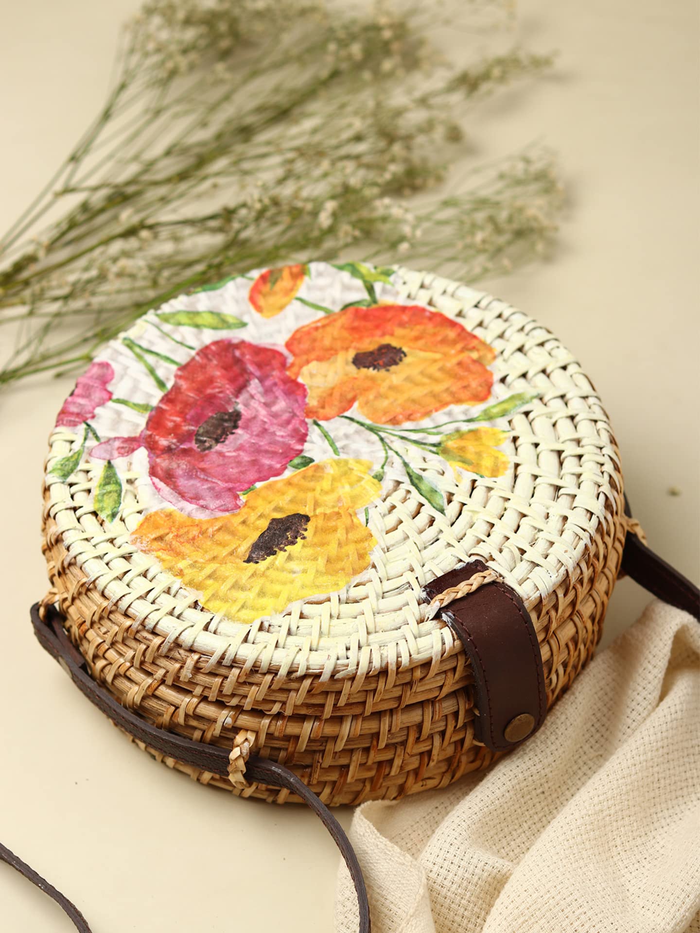 Habere India Handmade Rattan Sling Bag - Stylish Round Cane Beach Tote Bag for Women | Perfect for Vacation, Shopping & Boho Fashion Accessory