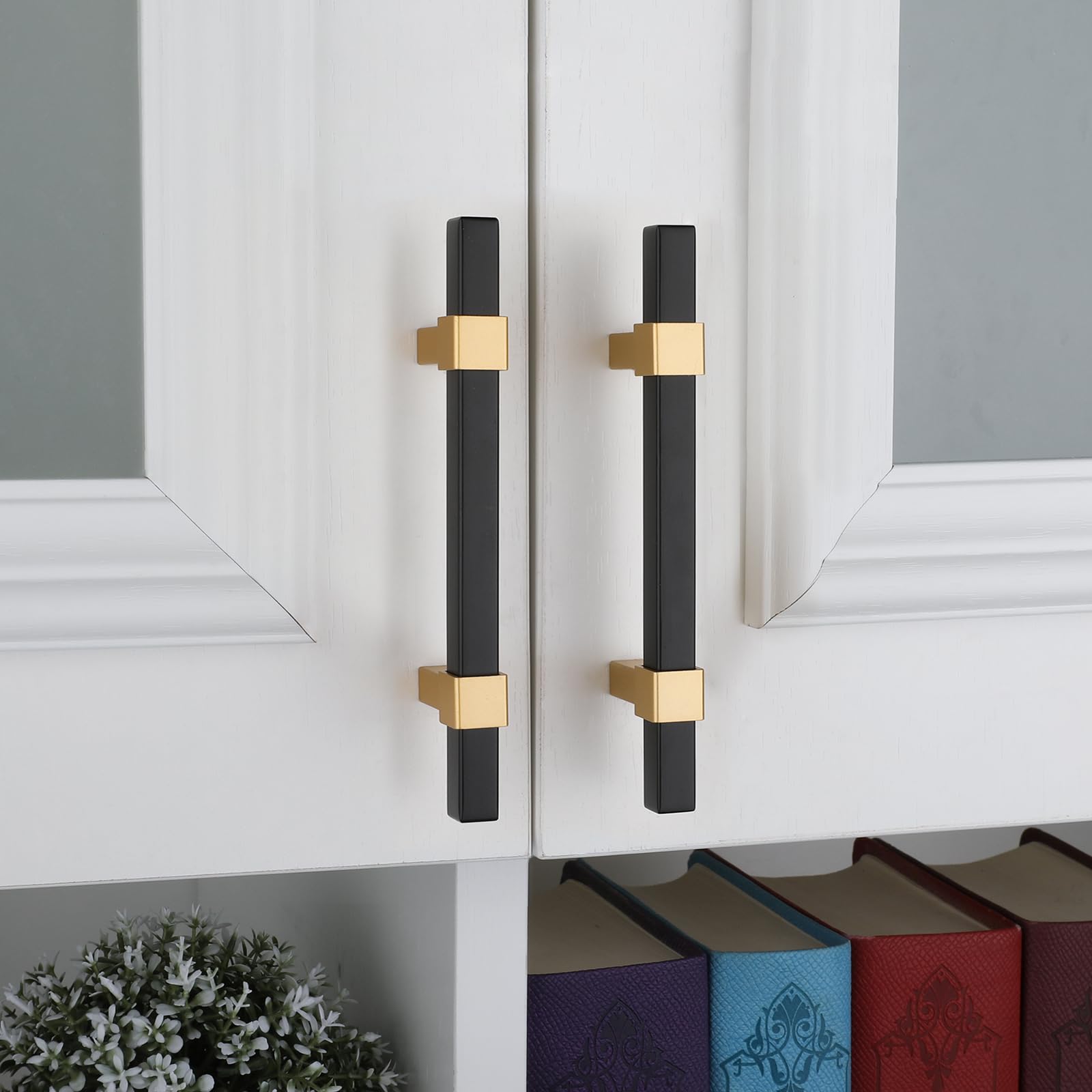 5 Pack Black and Gold Cabinet Handles - 3-3/4 Inch Brass Dresser Drawer Pulls for Kitchen, Bathroom & Furniture Hardware - Modern Cabinet Knobs for Home Renovation & DIY Projects